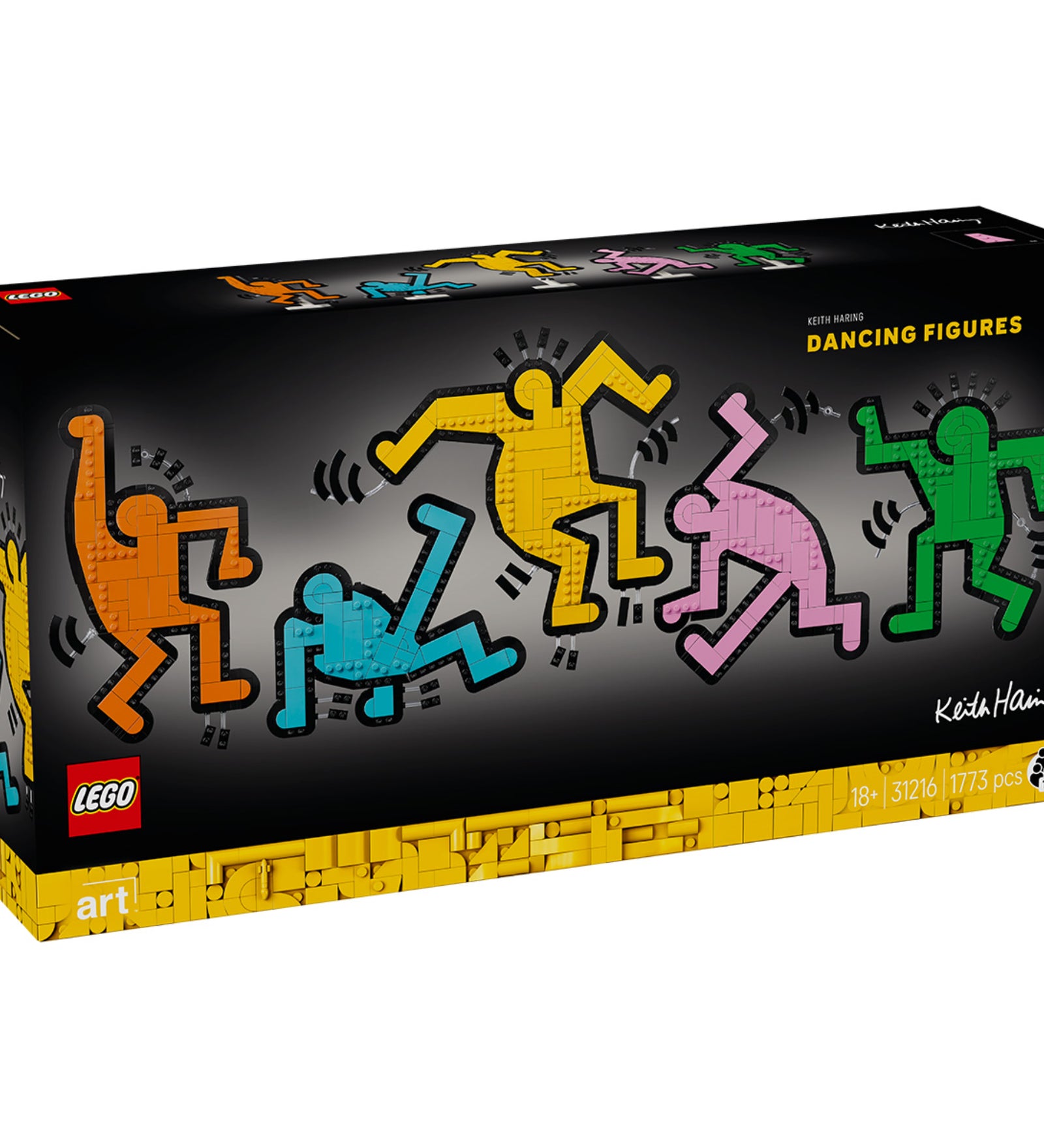 A LEGO Art 31216 készlet doboza fekete alapon Keith Haring ikonikus, színes táncoló figuráival: narancssárga, kék, sárga, rózsaszín és zöld alakok, alul LEGO Art logó és 18+ korosztály jelölés.