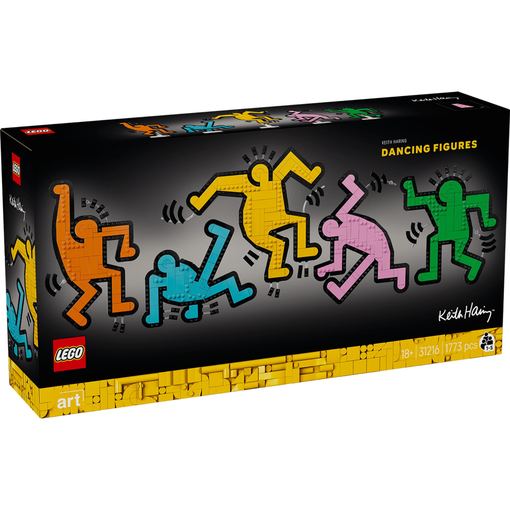 A LEGO Art 31216 készlet doboza fekete alapon Keith Haring ikonikus, színes táncoló figuráival: narancssárga, kék, sárga, rózsaszín és zöld alakok, alul LEGO Art logó és 18+ korosztály jelölés.