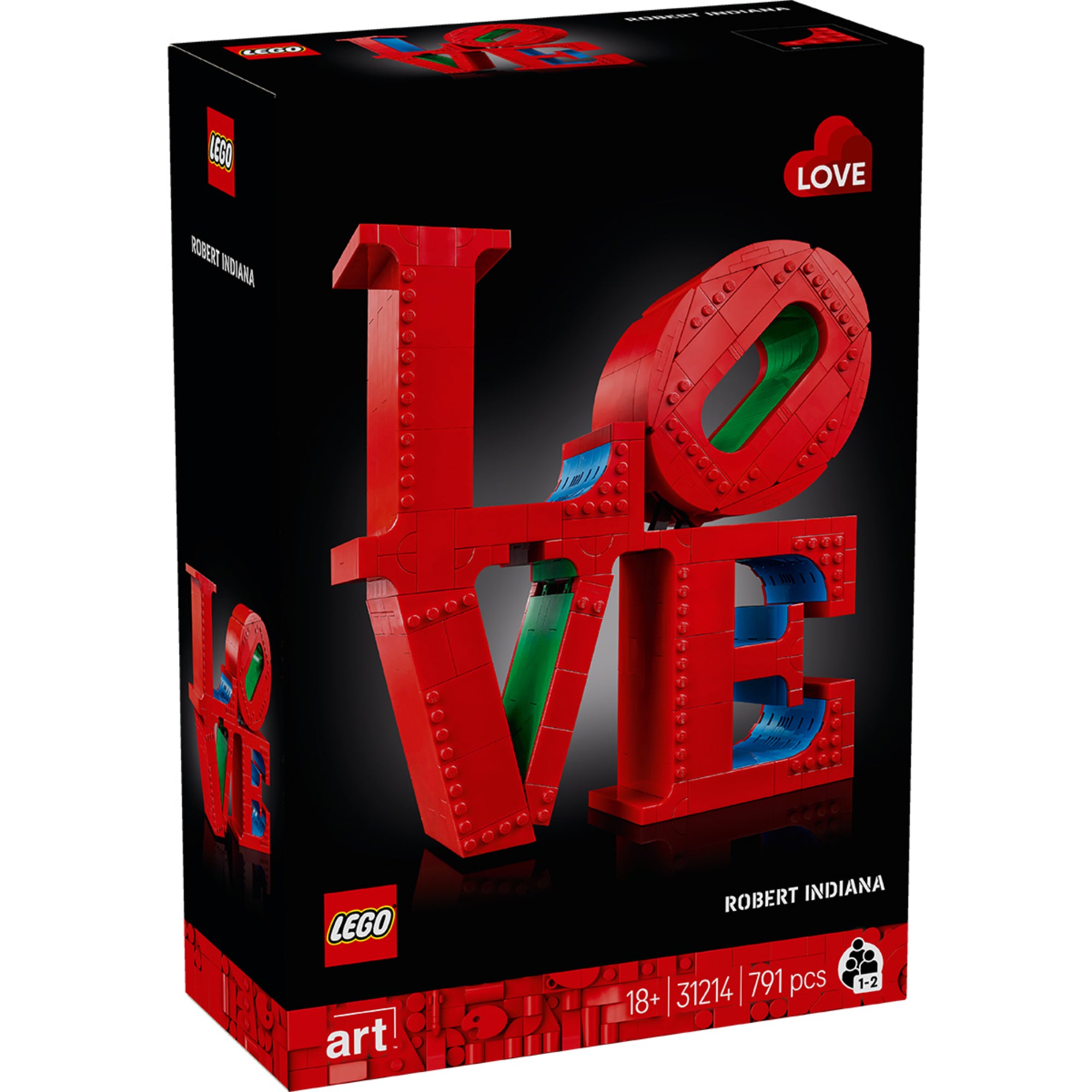 LEGO Art LOVE 31214 készlet dobozképe, amely a híres Robert Indiana LOVE szobor LEGO változatát ábrázolja piros, kék és zöld színekben.