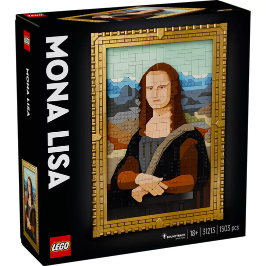 Fekete háttéren a LEGO Art Mona Lisa (31213) szett doboza, rajta a LEGO elemekből kirakott Mona Lisa portré arany keretben, 1503 darabbal.