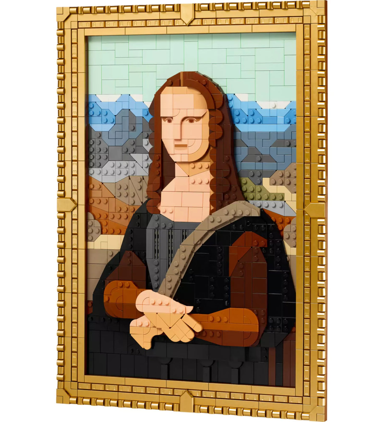 A LEGO Art Mona Lisa (31213) szett teljesen kirakott változata, részletesen kidolgozott portré LEGO elemekből, arany szegéllyel keretezve.