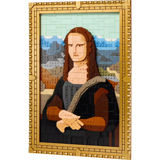 A LEGO Art Mona Lisa (31213) szett teljesen kirakott változata, részletesen kidolgozott portré LEGO elemekből, arany szegéllyel keretezve.