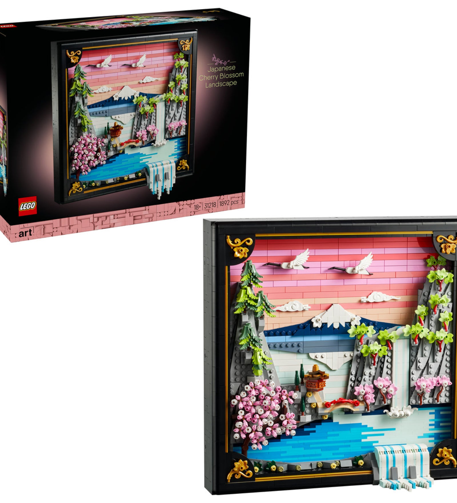 LEGO Art Japanese Cherry Blossom Landscape (31218) készlet doboza és a kész műalkotás, japán tájképpel, vízeséssel és cseresznyevirágokkal.