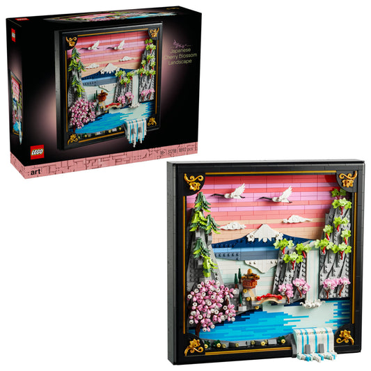 LEGO Art Japanese Cherry Blossom Landscape (31218) készlet doboza és a kész műalkotás, japán tájképpel, vízeséssel és cseresznyevirágokkal.