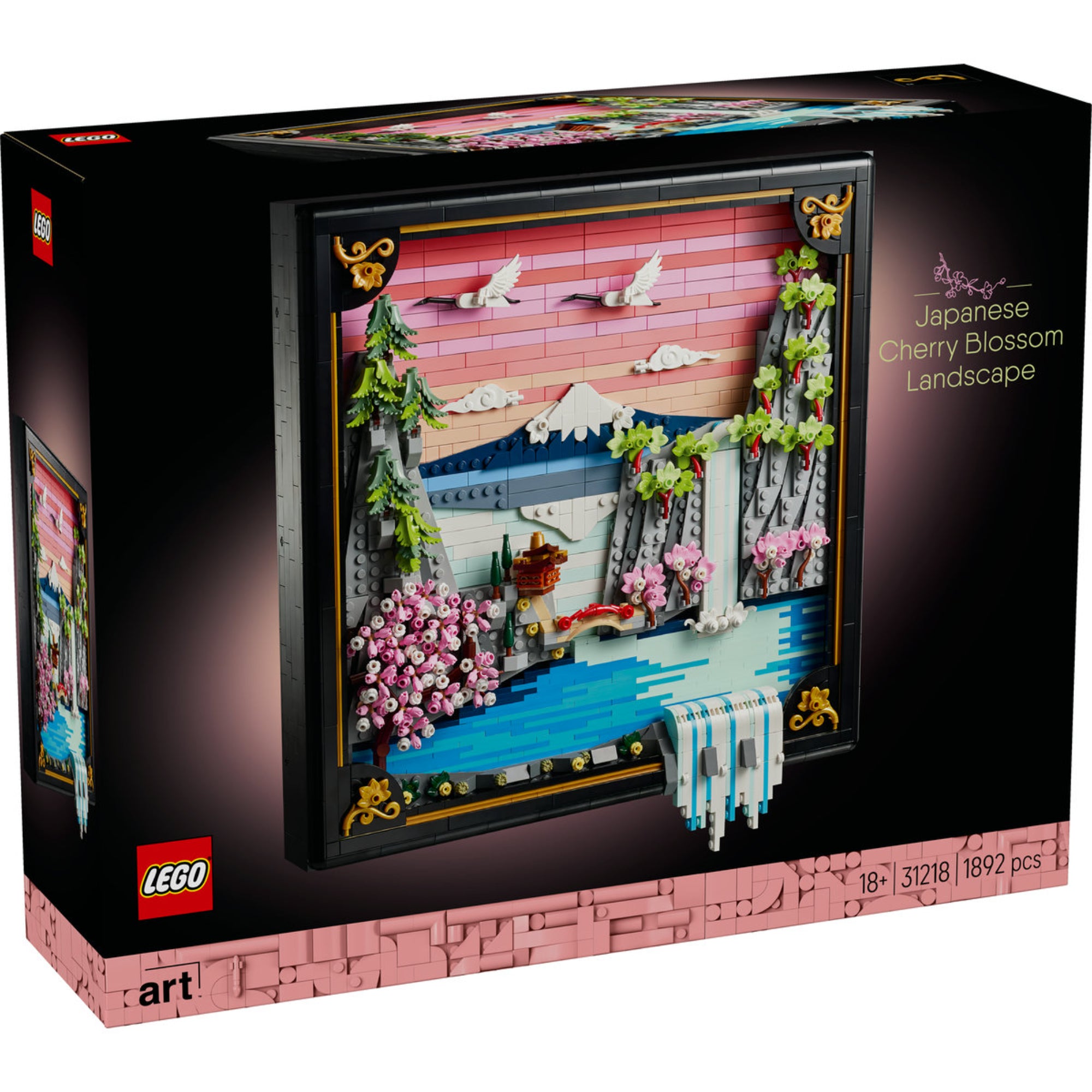 LEGO Art Japanese Cherry Blossom Landscape (31218) csomagolása elölről, részletes 3D falikép látványával és elegáns fekete keretben.