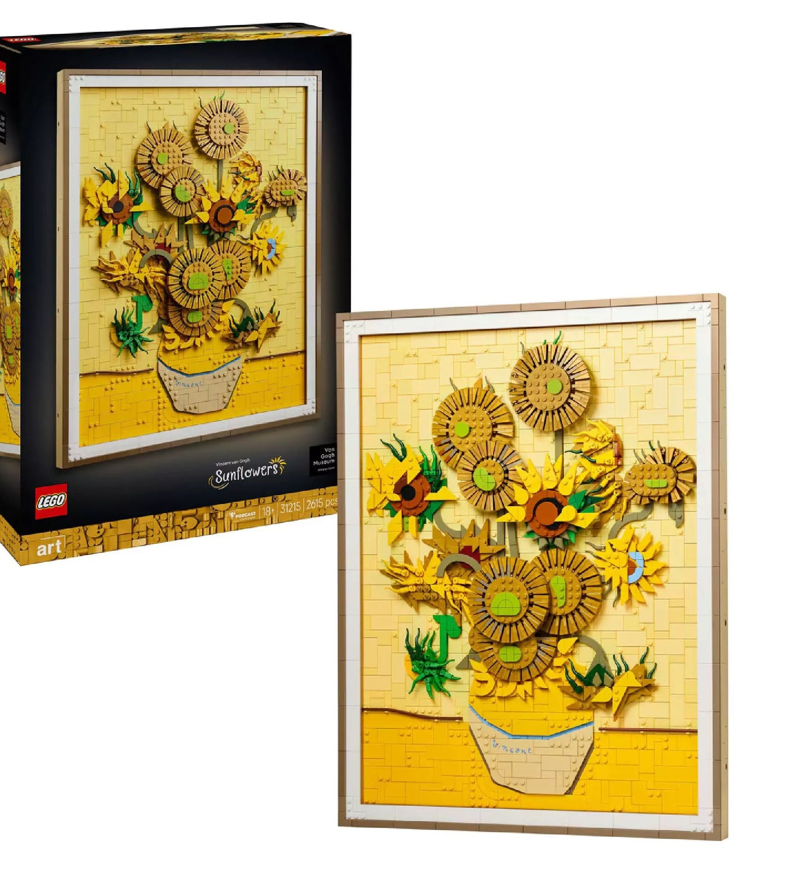 LEGO Art Vincent van Gogh: Napraforgók (31215) készlet doboza és a megépített, részletes 3D-s hatású sárga napraforgó kompozíció falikép, LEGO elemekből.