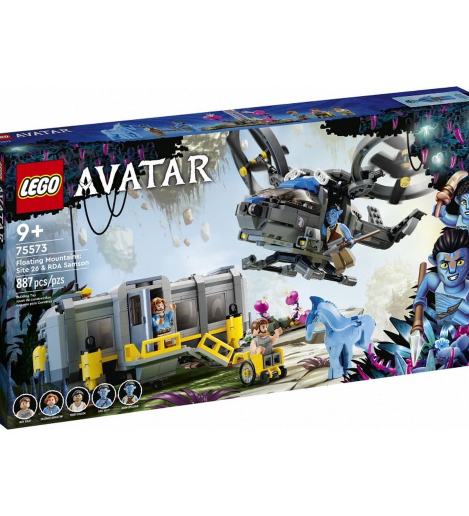 LEGO Avatar Floating Mountains: Site 26 & RDA Samson (75573) készlet doboza, rajta a készlet jelenetei, 887 építőelemmel és 9+ korosztályi ajánlással.