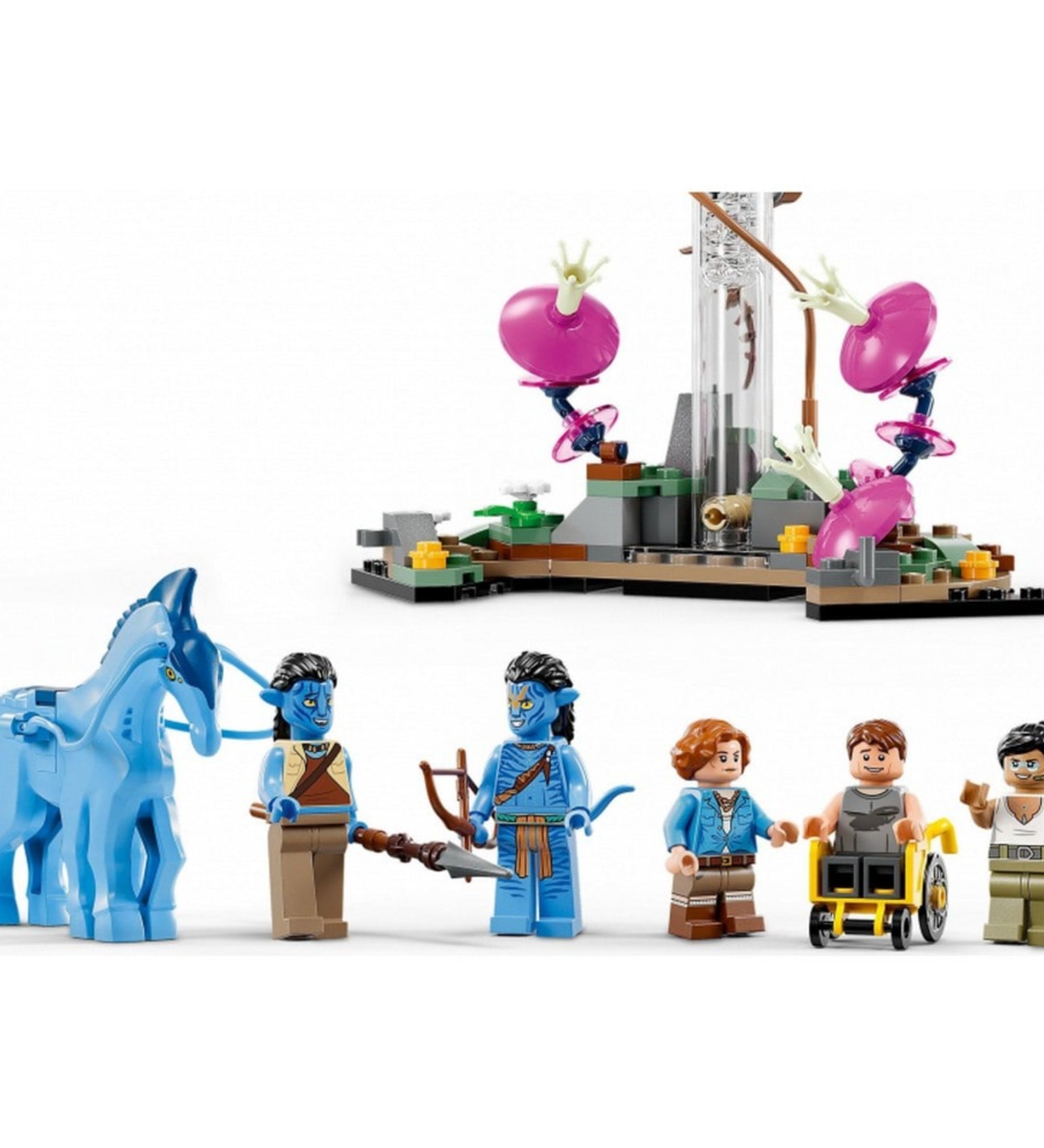 A LEGO Avatar (75573) szett minifigurái – köztük Na’vik, tudósok és egy direhorse –, háttérben egy különleges Pandora-növény.