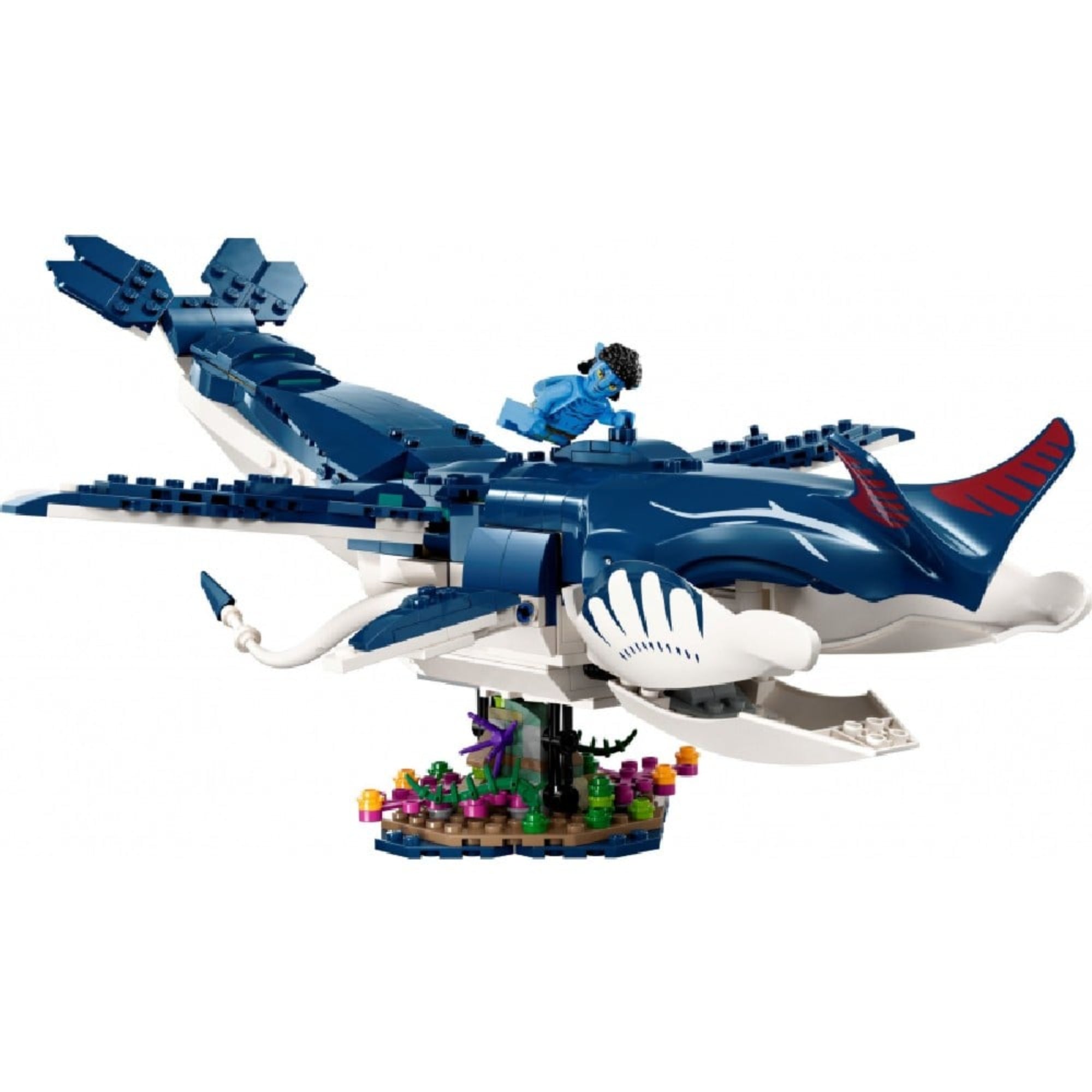 LEGO Tulkun figura a színes korallal díszített talapzaton, rajta egy Na’vi minifigurával – LEGO Avatar Payakan the Tulkun & Crabsuit (75579).