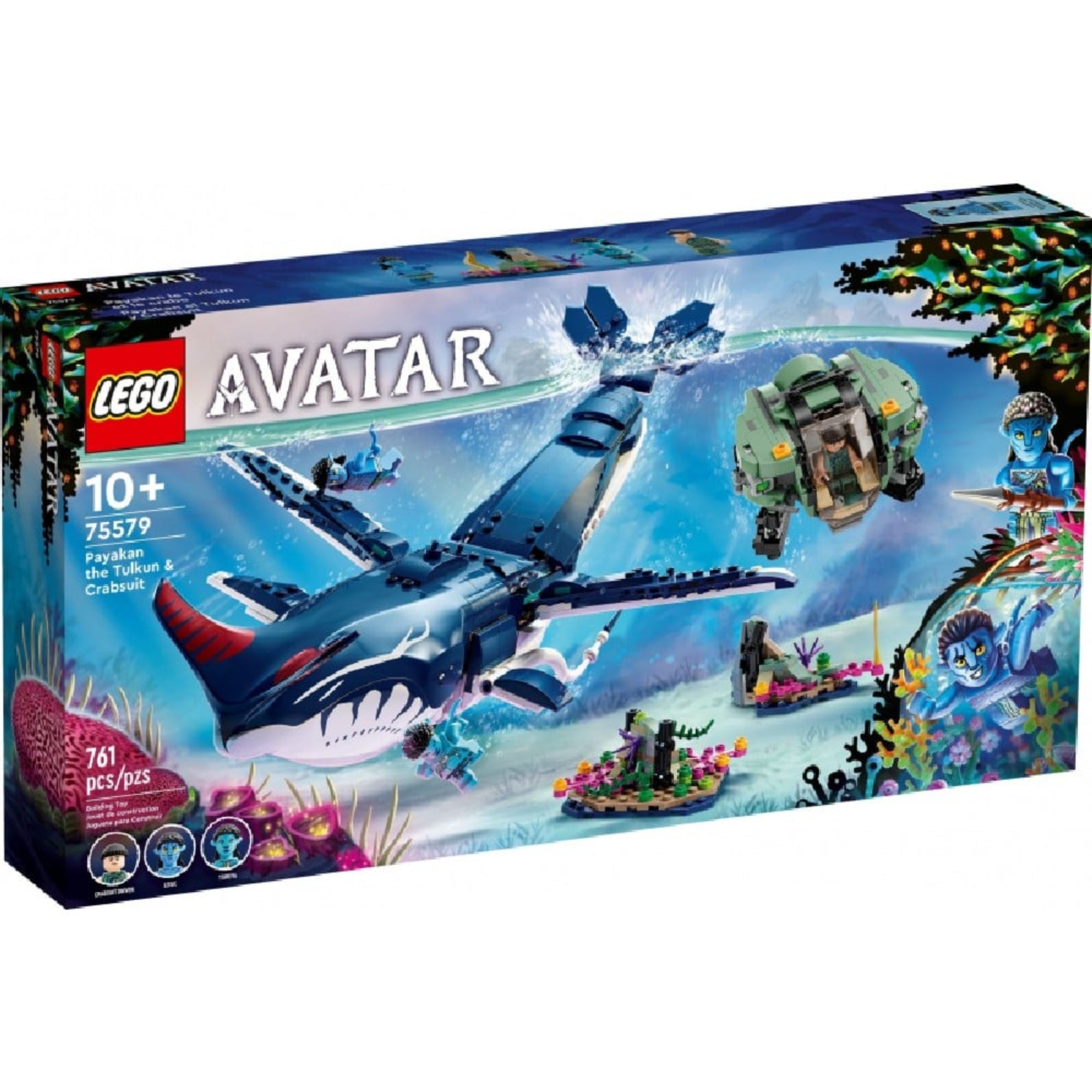 LEGO Avatar Payakan the Tulkun & Crabsuit (75579) doboza, amelyen a tenger alatti jelenet és a figurák is láthatók.