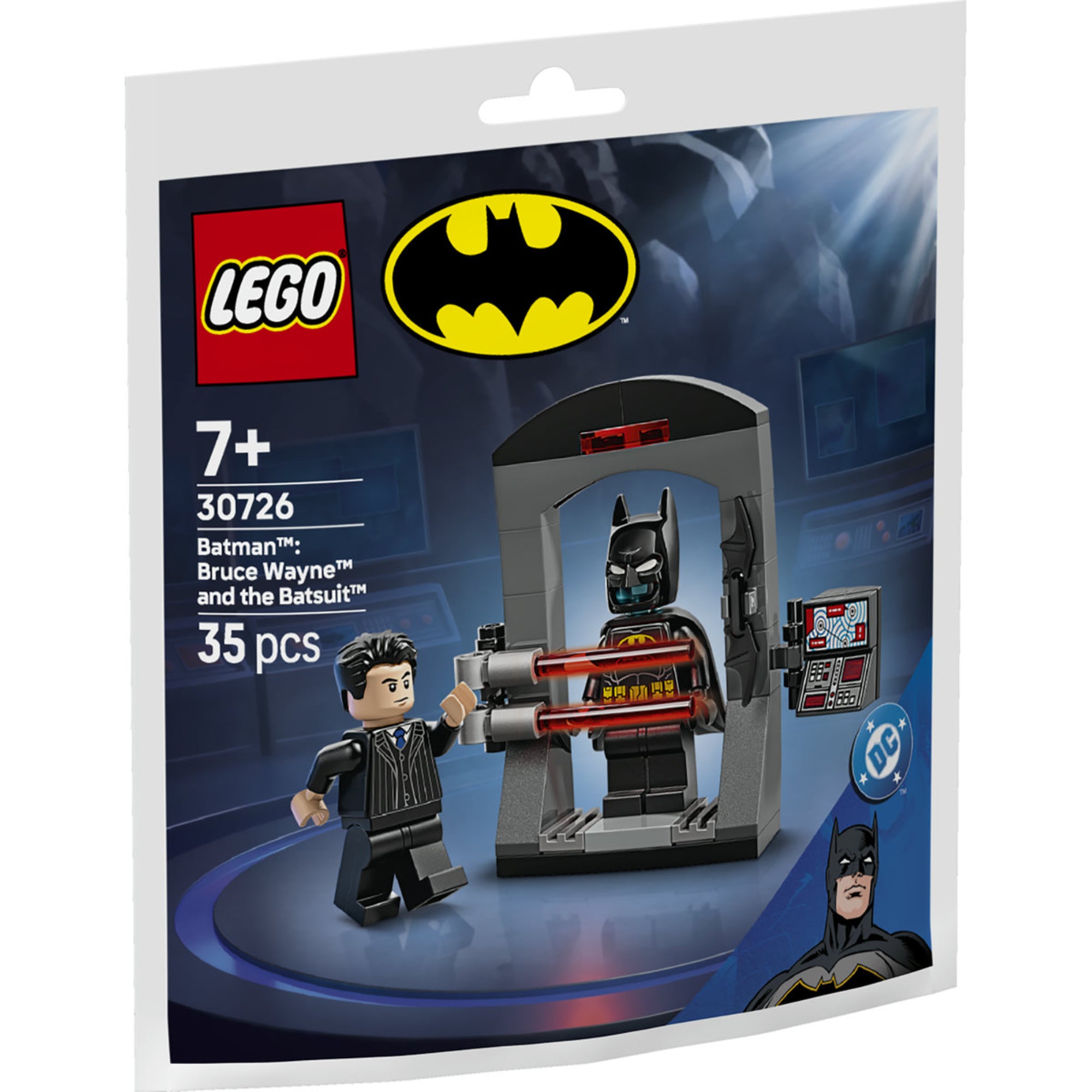 LEGO Batman Bruce Wayne and the Batsuit (30726) készlet csomagolása, Batman és Bruce Wayne minifigurákkal, Batsuit állomással és kiegészítőkkel.