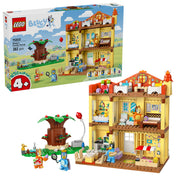 A LEGO Bluey családi háza (11203) doboza és a háromszintes ház összeépítve, 382 darabból. A ház mellett egy nagy fa, lufi és különböző szereplők, például Bluey, Bingo, Chilli és Bandit figurái. A dobozon 4+ korosztályjelzés, vidám háttér és a Bluey logó látható.