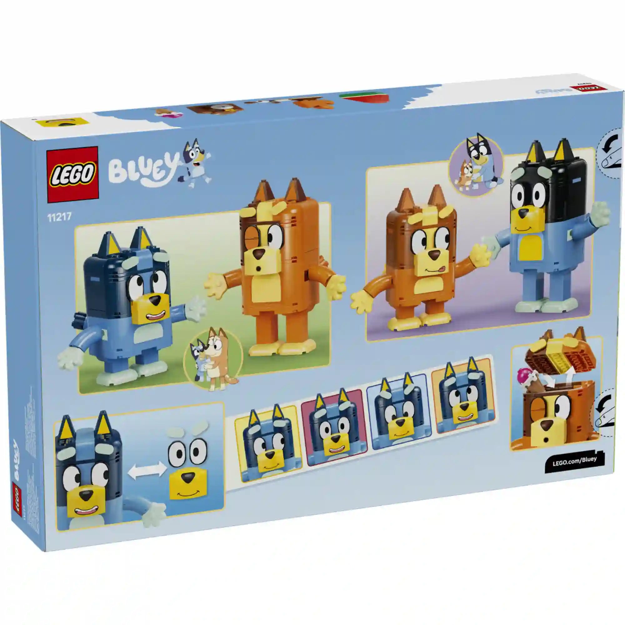 LEGO Bluey: Kockákból épült Bluey család (11217) dobozának hátoldala, amely a figurák mozgatható karjait, cserélhető arckifejezéseit és a játék közbeni interaktív funkciókat mutatja be.