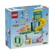 LEGO Bluey Játszótéri móka Bluey-val és Chloe-val (11201) készlet hátoldali dobozkép, a tartozékok és a játékfunkciók bemutatásával, köztük a libikóka és a forgó játék.