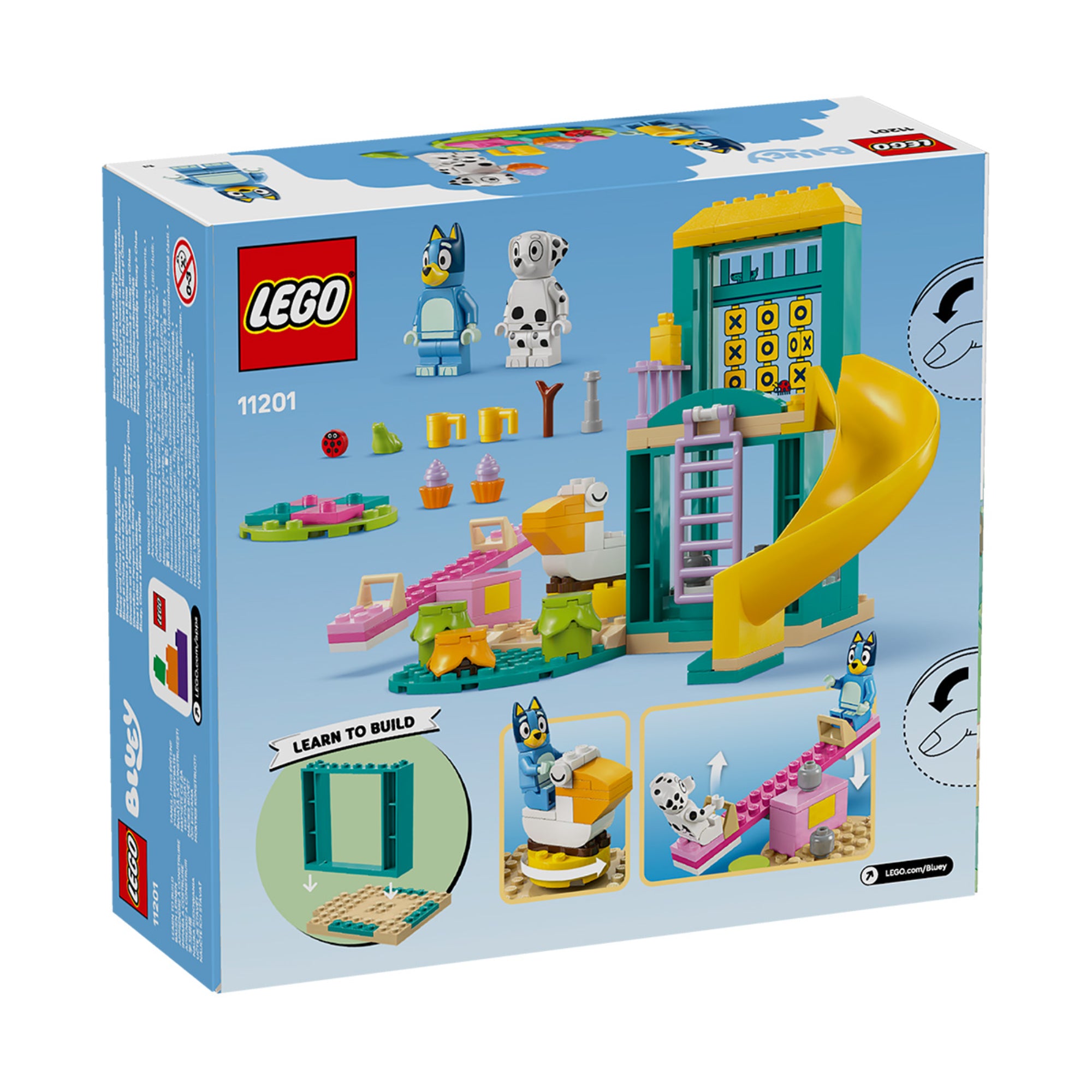 LEGO Bluey Játszótéri móka Bluey-val és Chloe-val (11201) készlet hátoldali dobozkép, a tartozékok és a játékfunkciók bemutatásával, köztük a libikóka és a forgó játék.