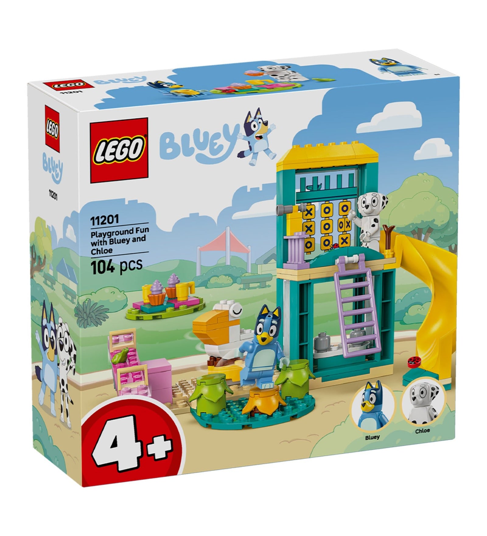 LEGO Bluey Játszótéri móka Bluey-val és Chloe-val (11201) dobozkép, a csúszdás torony, piknikasztal és a két karakter figurája látható a parkos háttér előtt.