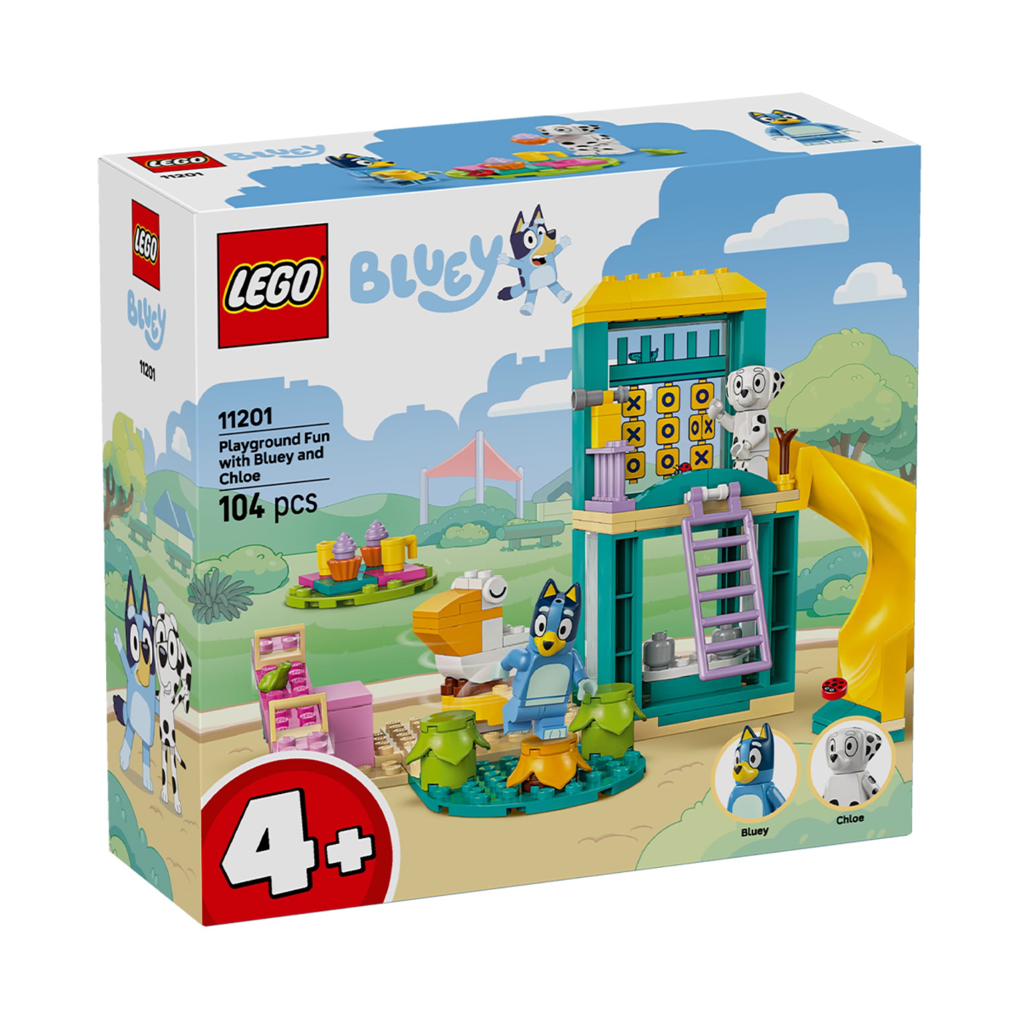 LEGO Bluey Játszótéri móka Bluey-val és Chloe-val (11201) dobozkép, a csúszdás torony, piknikasztal és a két karakter figurája látható a parkos háttér előtt.