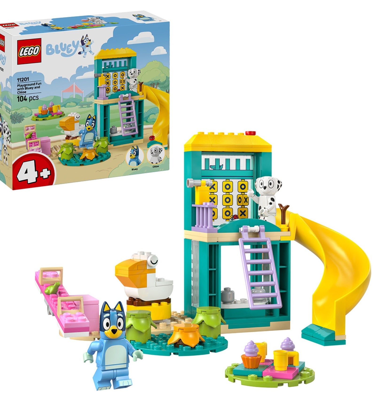 LEGO Bluey Játszótéri móka Bluey-val és Chloe-val (11201) készlet teljes tartalma, színes játszótér csúszdával, hintával, piknikasztallal és Bluey valamint Chloe figuráival.