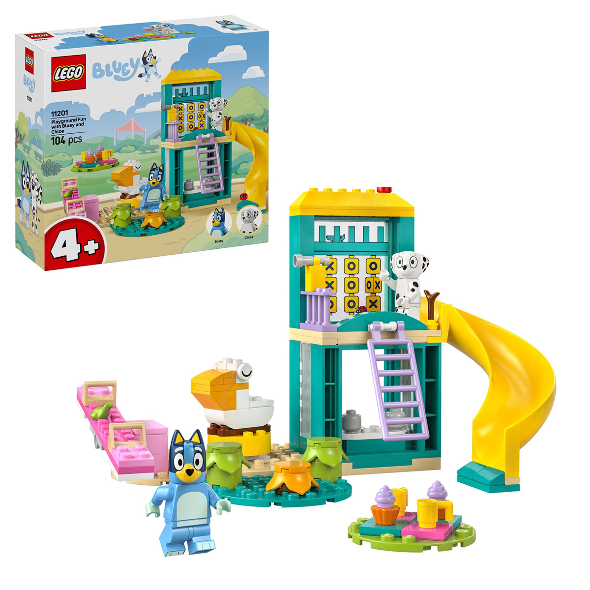 LEGO Bluey Játszótéri móka Bluey-val és Chloe-val (11201) készlet teljes tartalma, színes játszótér csúszdával, hintával, piknikasztallal és Bluey valamint Chloe figuráival.