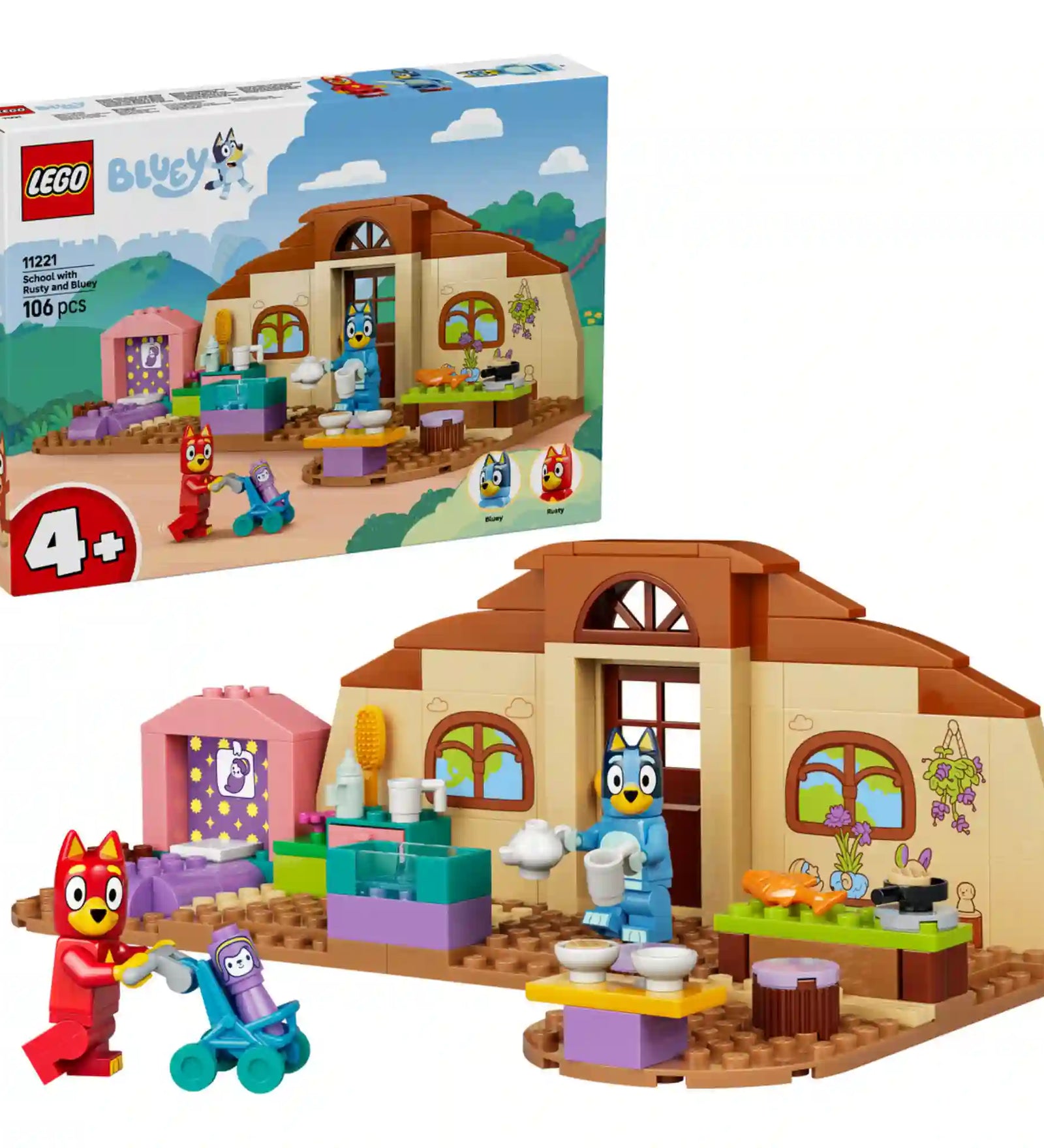LEGO Bluey: Iskola Blueyval és Rustyval (11221) készlet a dobozzal együtt, megépíthető tanteremmel, Bluey és Rusty figurákkal, valamint iskolai kiegészítőkkel és játékbabakocsival.