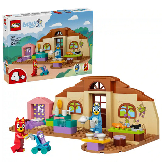 LEGO Bluey: Iskola Blueyval és Rustyval (11221) készlet a dobozzal együtt, megépíthető tanteremmel, Bluey és Rusty figurákkal, valamint iskolai kiegészítőkkel és játékbabakocsival.
