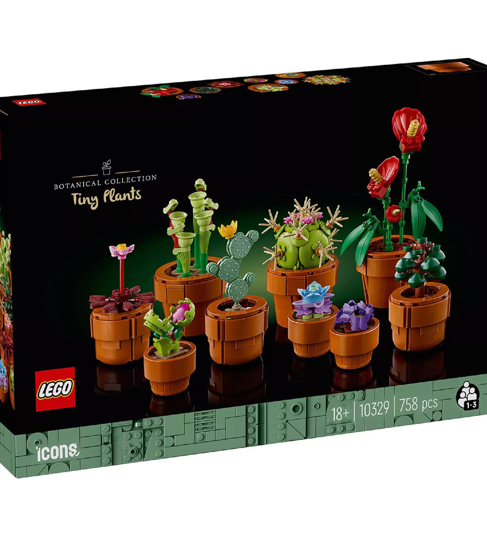 A LEGO Tiny Plants készlet doboza sötét háttérrel, rajta a kilenc különböző virágcserépben lévő miniatűr növény LEGO-építmény. A növények színesek és változatos formájúak, a cserepek barnák, különböző méretűek. A dobozon látható a „Botanical Collection” logó, az „Icons” sorozat megnevezés, valamint az életkor (18+), az elem szám (758 db), és a készlet száma (10329).