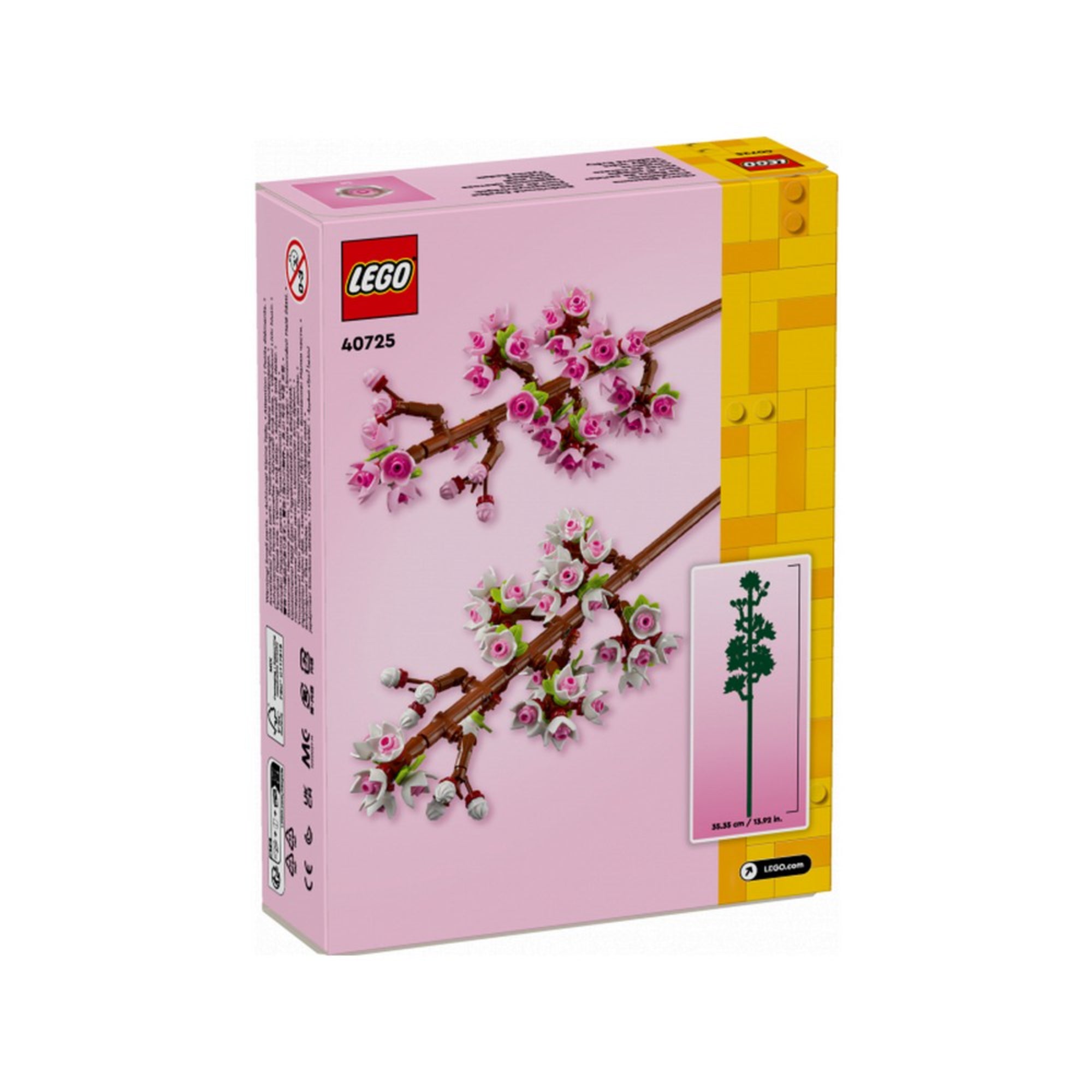A LEGO Cseresznyevirágok (40725) készlet hátoldala, amelyen a két összeépíthető virágág és a kész ágak mérete látható – 35 cm magas.