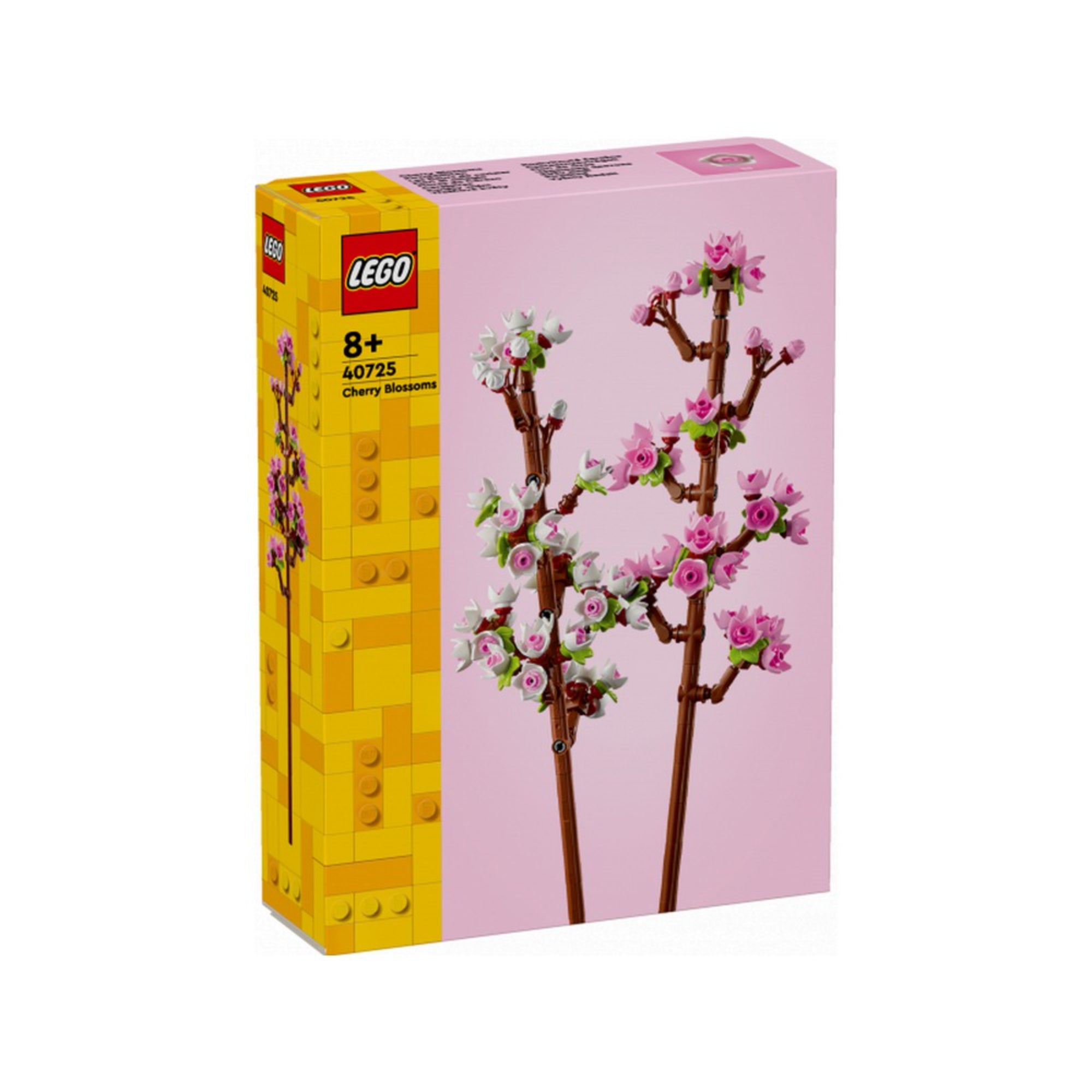 A LEGO Cseresznyevirágok (40725) készlet doboza rózsaszín háttérrel, rajta a két virágzó ág részletes illusztrációja és a LEGO logó.