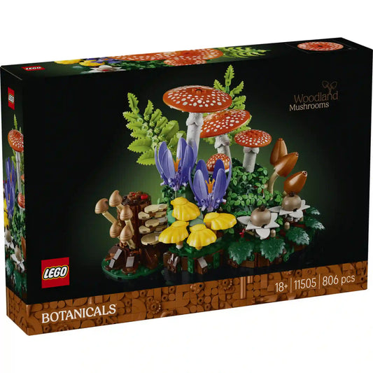 LEGO Botanicals Erdei gombák (11505) készlet elülső dobozképe, amely a dekoratív erdei növény- és gombakompozíciót mutatja fekete háttér előtt, felnőtteknek készült építőkészletként.