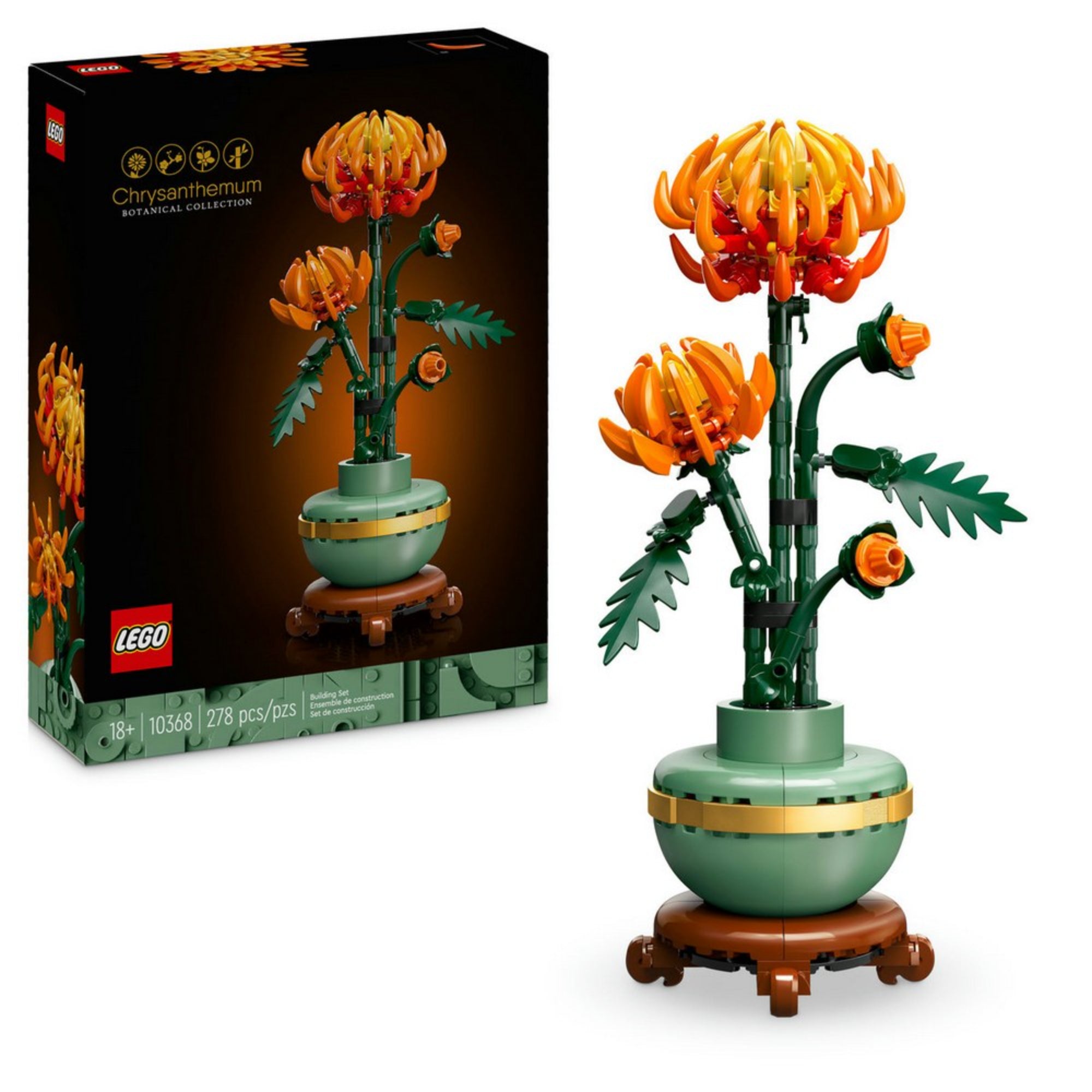 A LEGO Botanicals 10368 Chrysanthemum doboza és a megépített virágos kompozíció látható, hangsúlyos narancs és zöld színekkel.