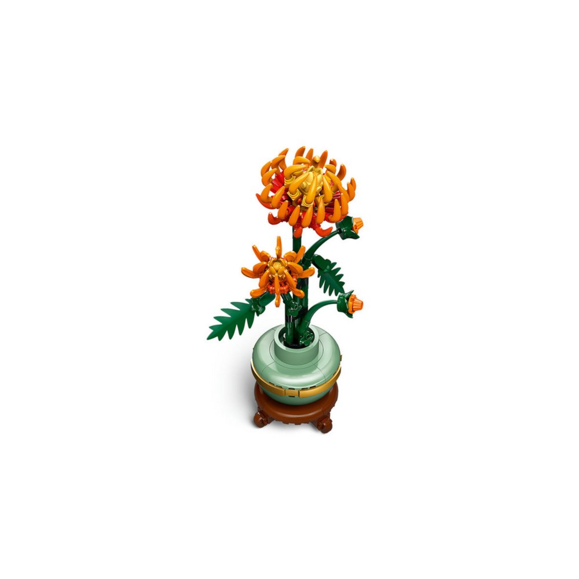 A LEGO Botanicals 10368 Chrysanthemum készlet felülnézeti fotója fehér háttéren, jól láthatók a virágok sűrű szirmai és a kaspó kialakítása.