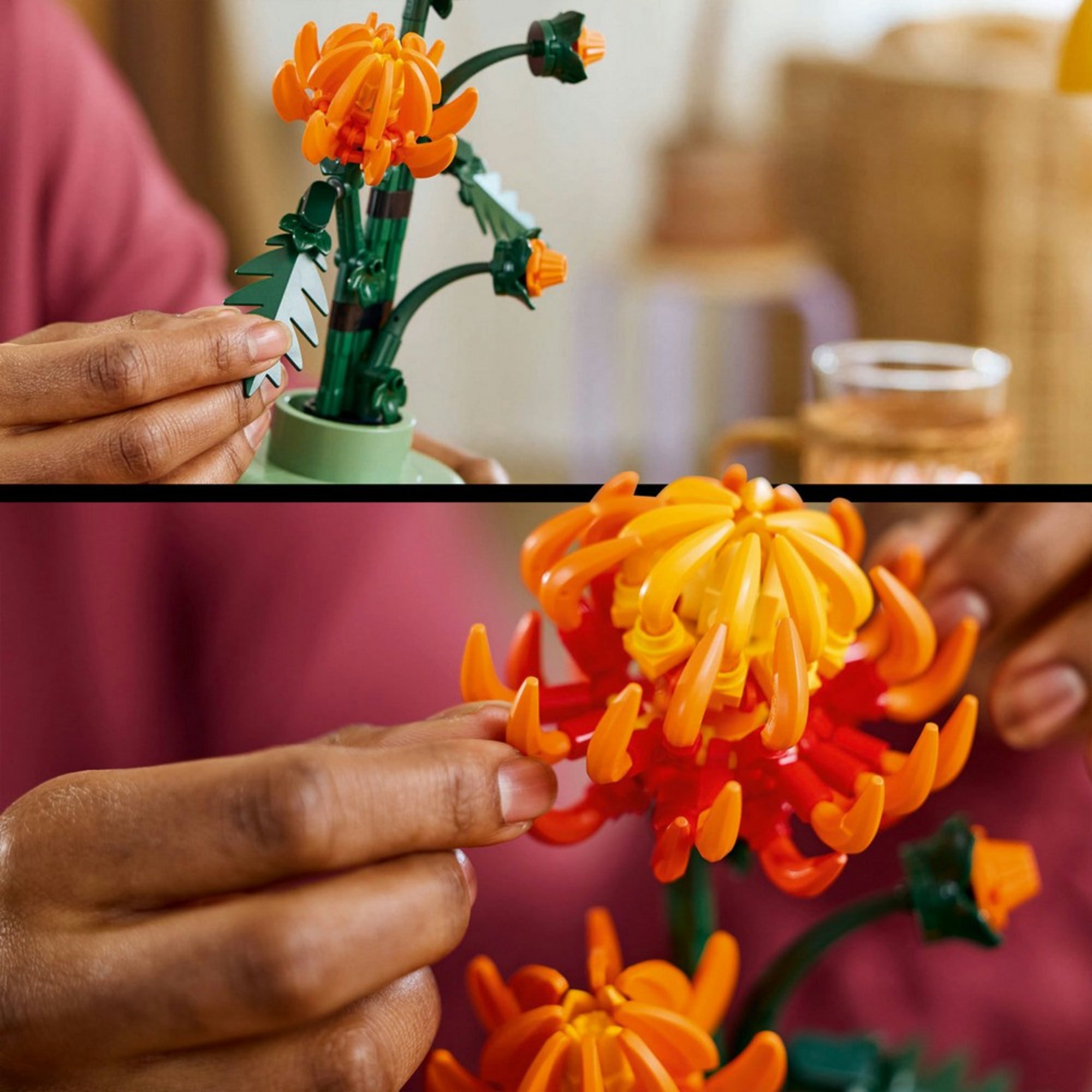 Két közeli jelenet, amelyeken egy személy narancssárga LEGO krizantém virágokat állít össze kézzel a LEGO Botanicals 10368 Chrysanthemum készletből.