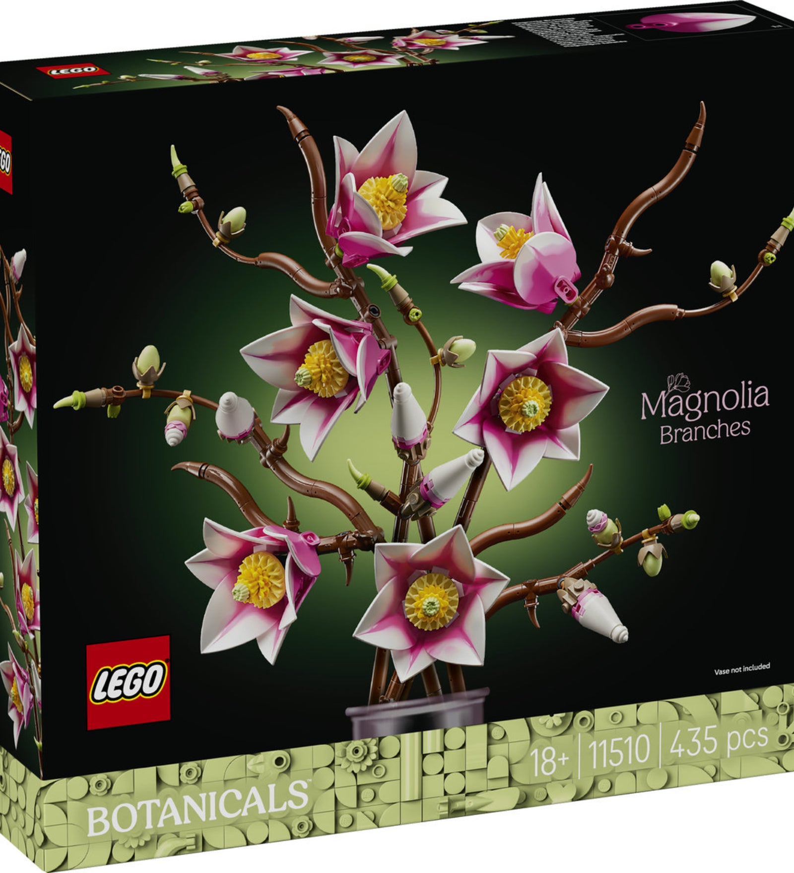LEGO Botanicals Magnolia Branches 11510 készlet dobozának eleje a rózsaszín magnólia ágakat ábrázoló LEGO virágkompozícióval.