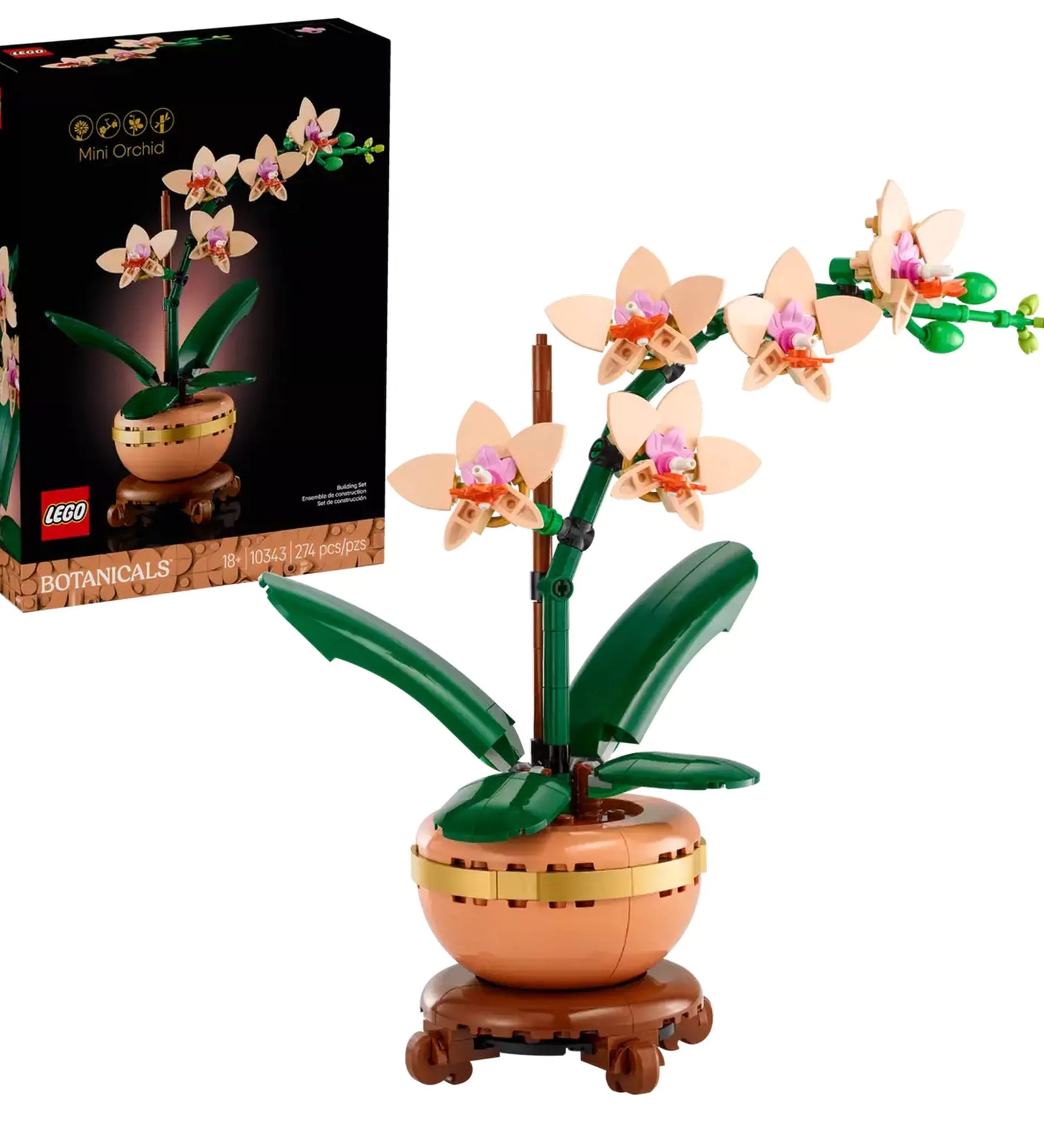 A LEGO Mini Orchidea (10343) készlet doboza és a teljesen összeépített virágmodell egymás mellett bemutatva.