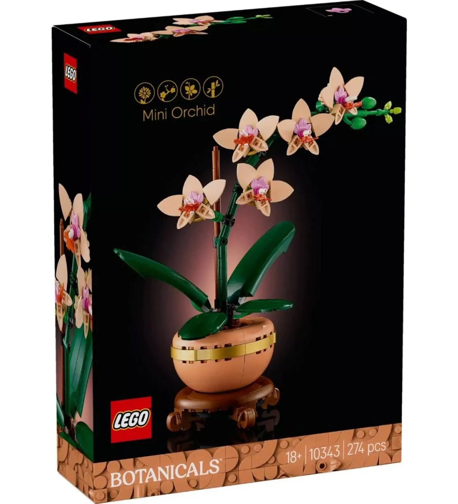 A LEGO Mini Orchidea (10343) készlet doboza, rajta a virágos építmény képe, fekete háttérrel és 274 építőelemmel.