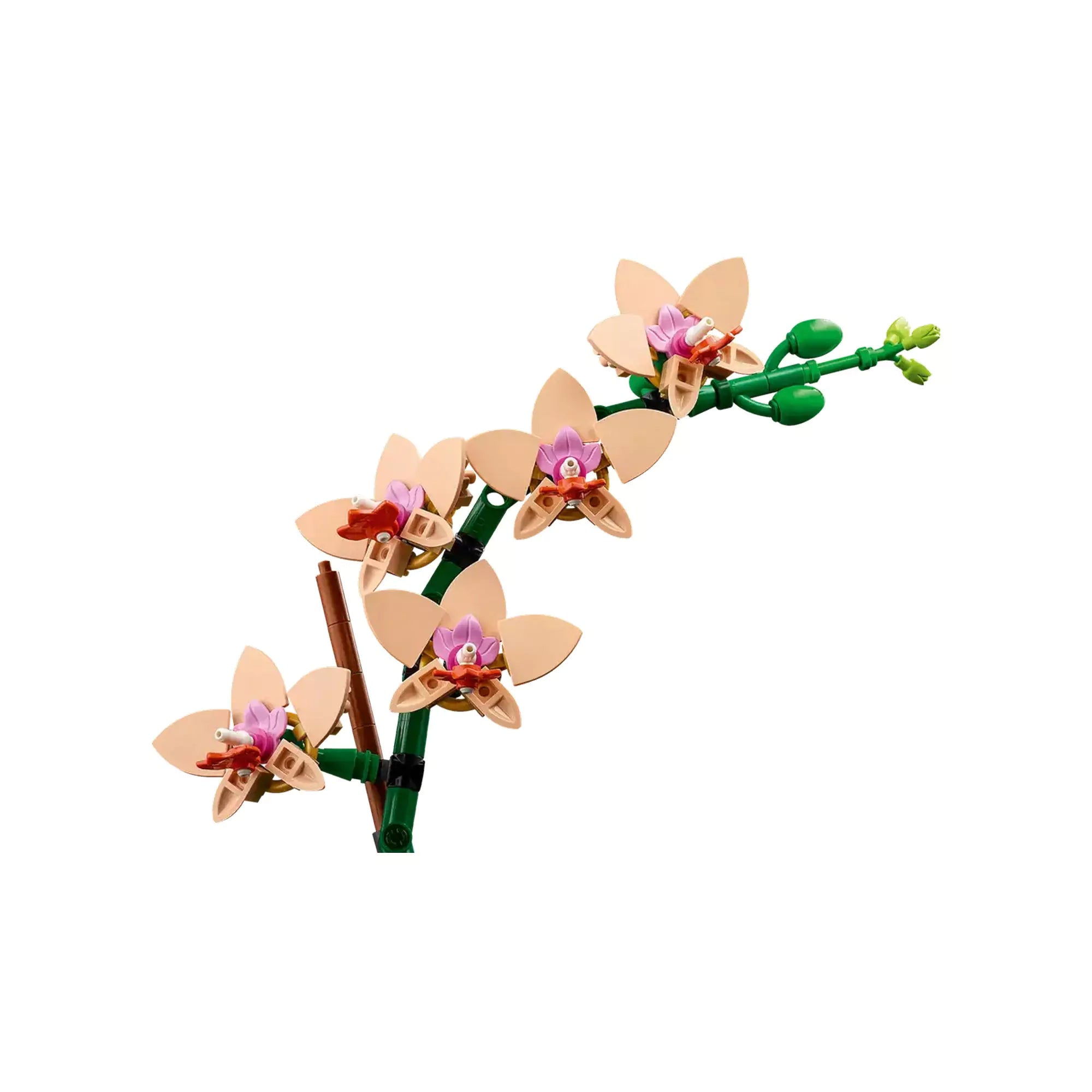 Közelkép a LEGO Mini Orchidea (10343) virágszáráról és részletgazdag rózsaszín szirmairól, realisztikus hatással.