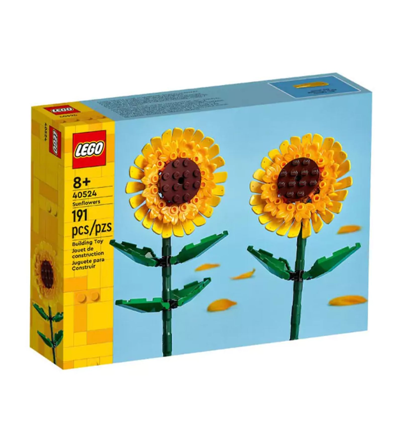 A LEGO Napraforgók (40524) készlet doboza, amely két megépíthető napraforgót ábrázol világoskék háttér előtt, 191 elemet tartalmaz.