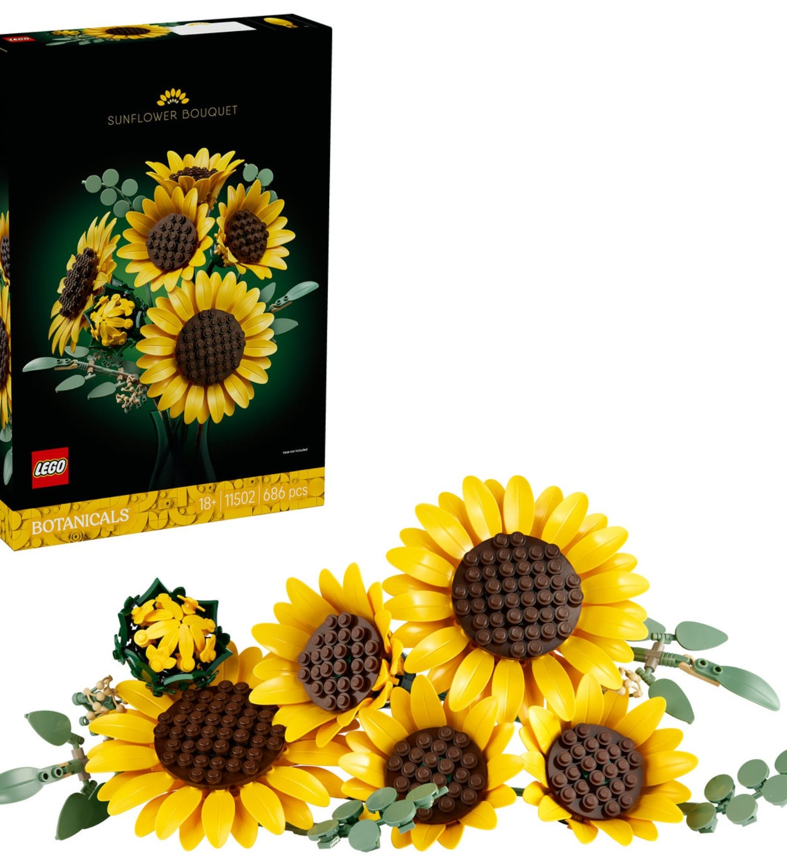 LEGO Botanicals Sunflower Bouquet 11502 doboz és a megépített LEGO napraforgó csokor együtt fehér háttéren.