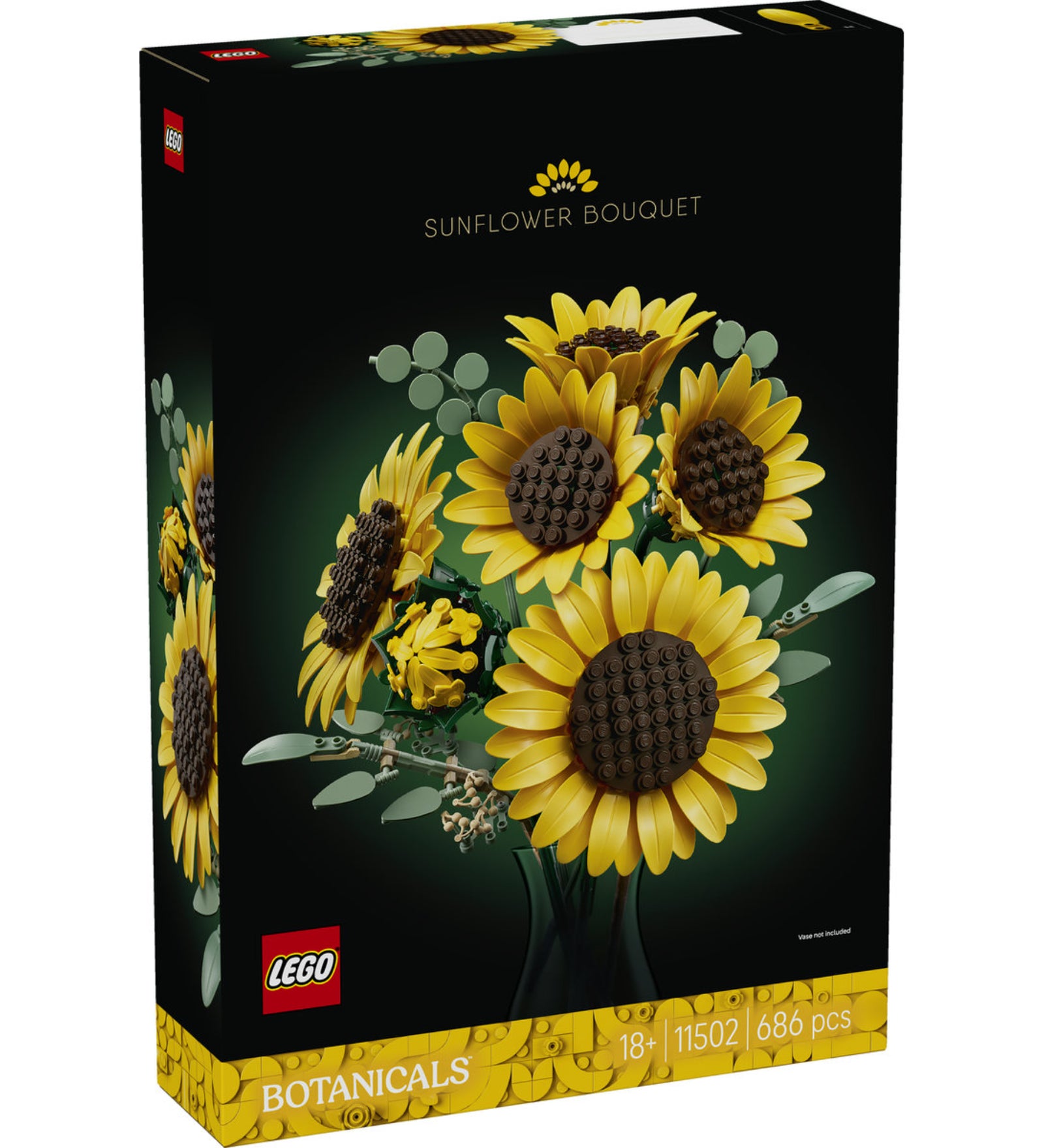 LEGO Botanicals Sunflower Bouquet 11502 készlet dobozának eleje a LEGO napraforgó csokor modell látványos képével.