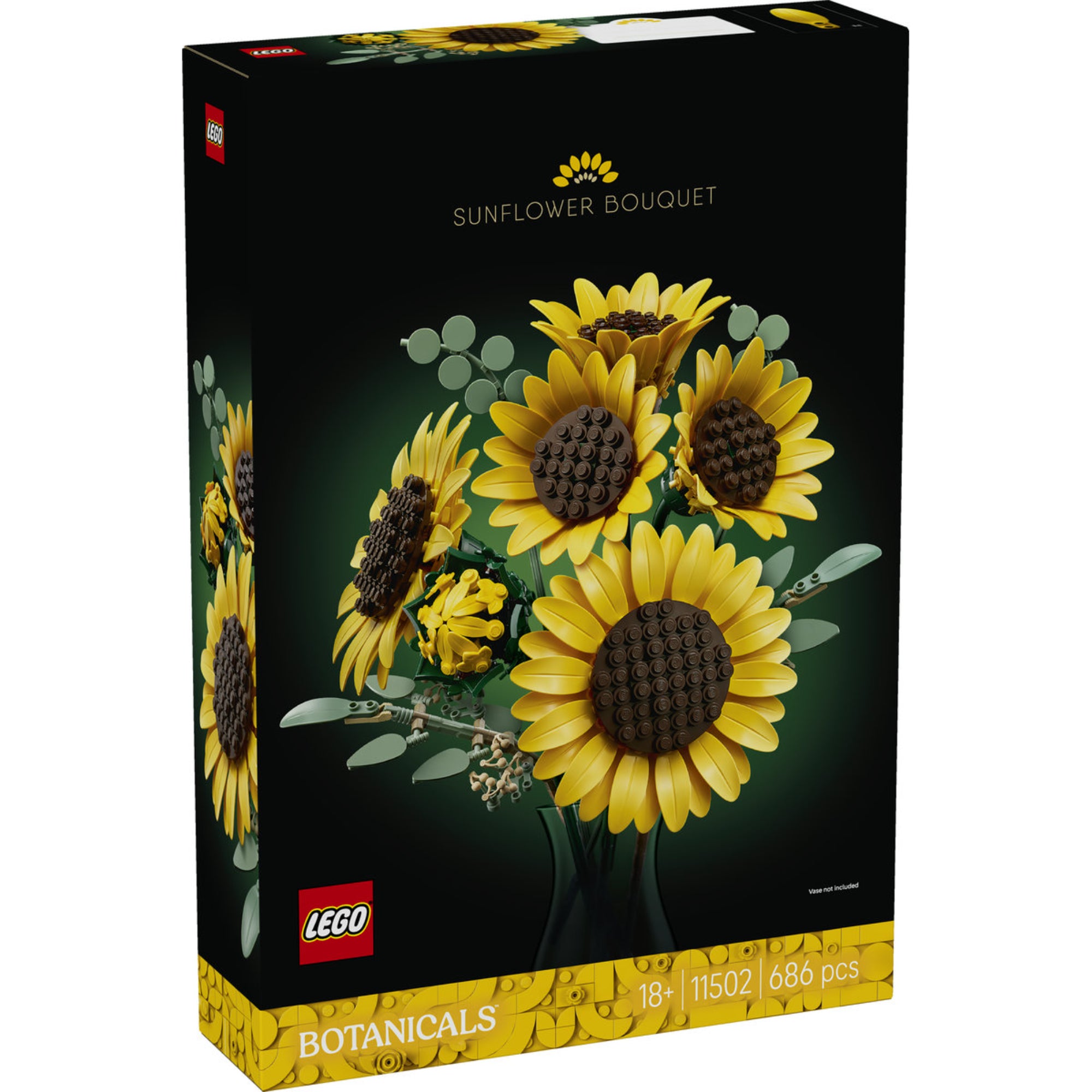 LEGO Botanicals Sunflower Bouquet 11502 készlet dobozának eleje a LEGO napraforgó csokor modell látványos képével.