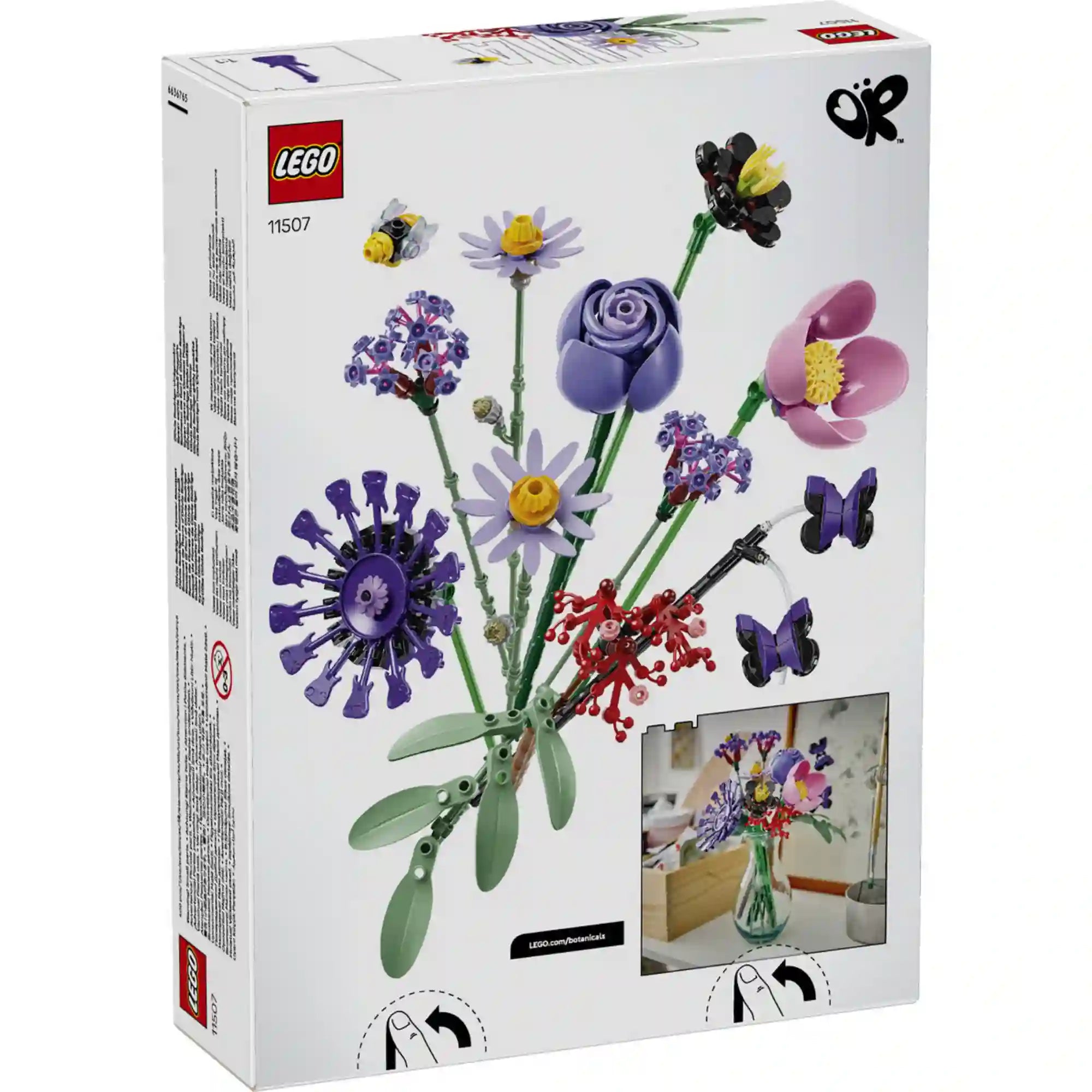 A LEGO Botanicals Olivia Rodrigo virágcsokra 11507 dobozának hátoldala, amely bemutatja a csokor elrendezési lehetőségeit és a dekorációs használatot.
