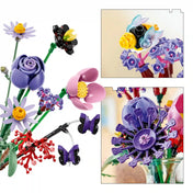 A LEGO Botanicals Olivia Rodrigo virágcsokra 11507 részletgazdag virágai, méhecske és pillangók, valamint a kész csokor vázában.