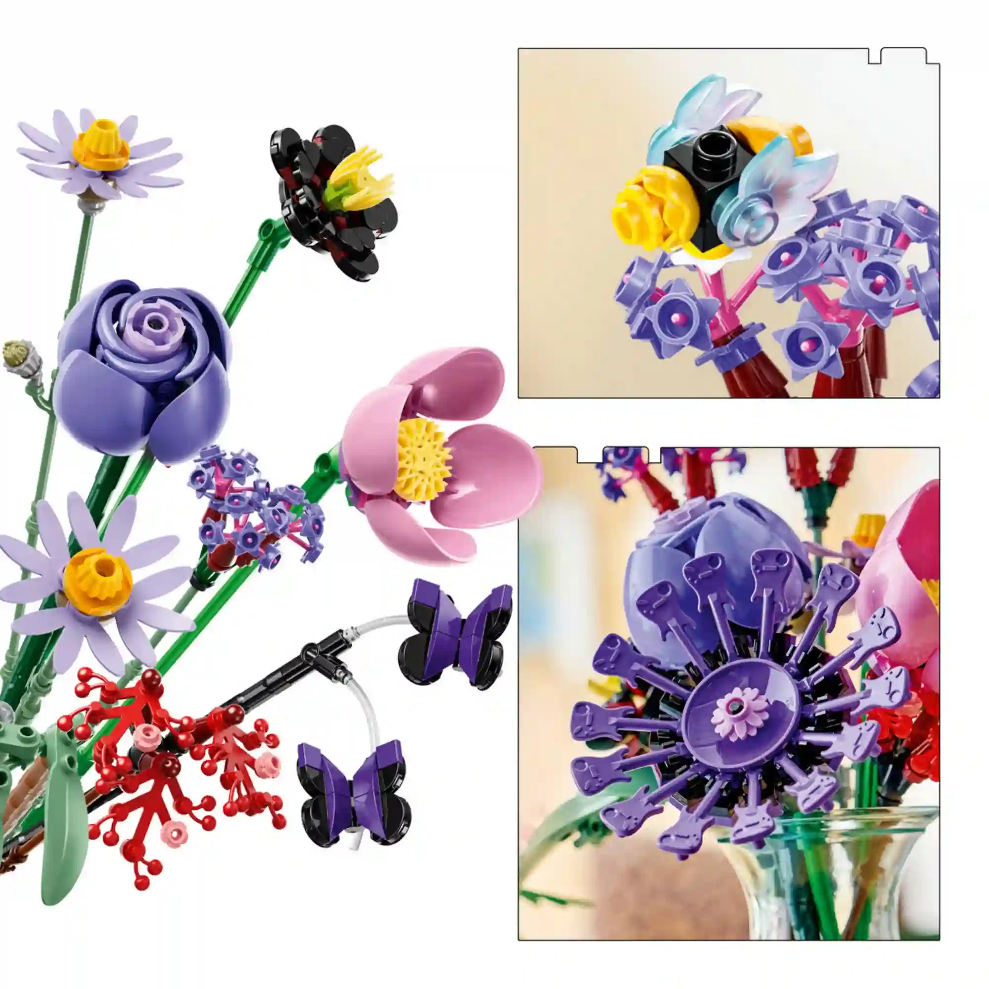 A LEGO Botanicals Olivia Rodrigo virágcsokra 11507 részletgazdag virágai, méhecske és pillangók, valamint a kész csokor vázában.
