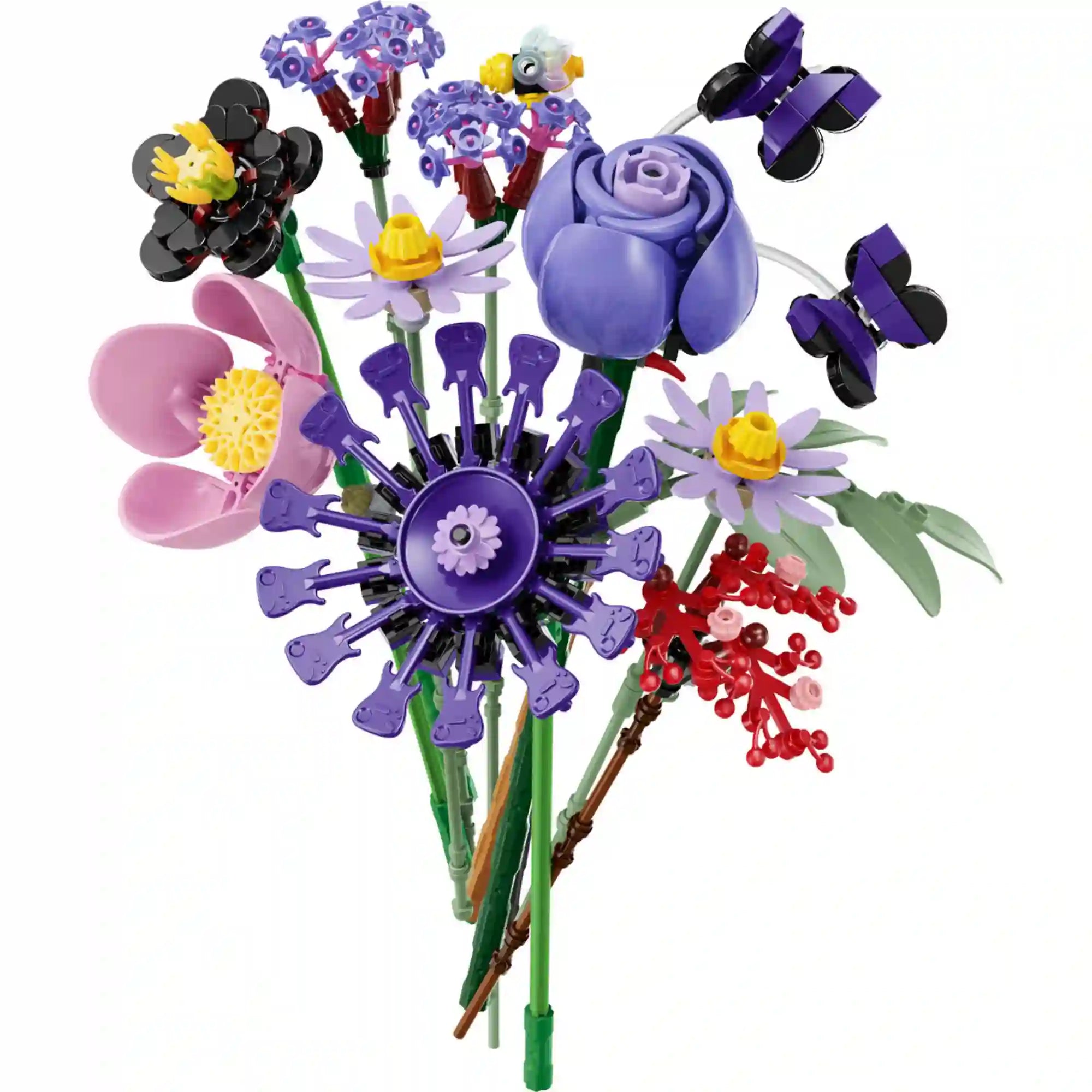 A LEGO Botanicals Olivia Rodrigo virágcsokra 11507 színes virágcsokra lila rózsával, különleges virágokkal és pillangókkal.