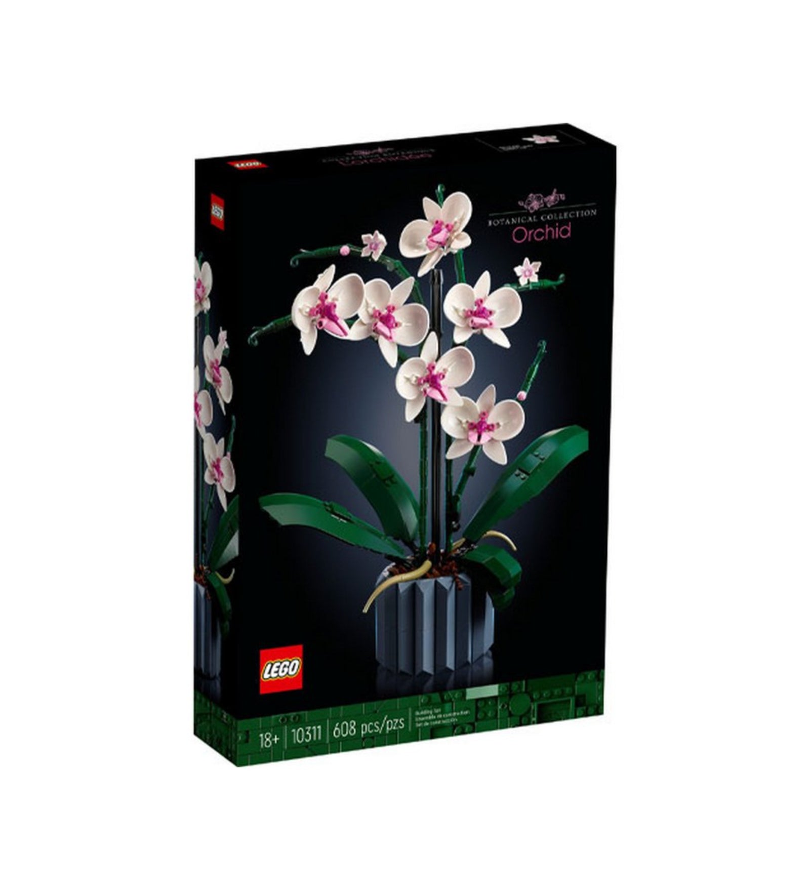 A LEGO Orchid (10311) készlet elegáns fekete doboza, melyen a teljes orchidea modell látható fehér és rózsaszín virágokkal, zöld levelekkel és szürke virágcserépben.