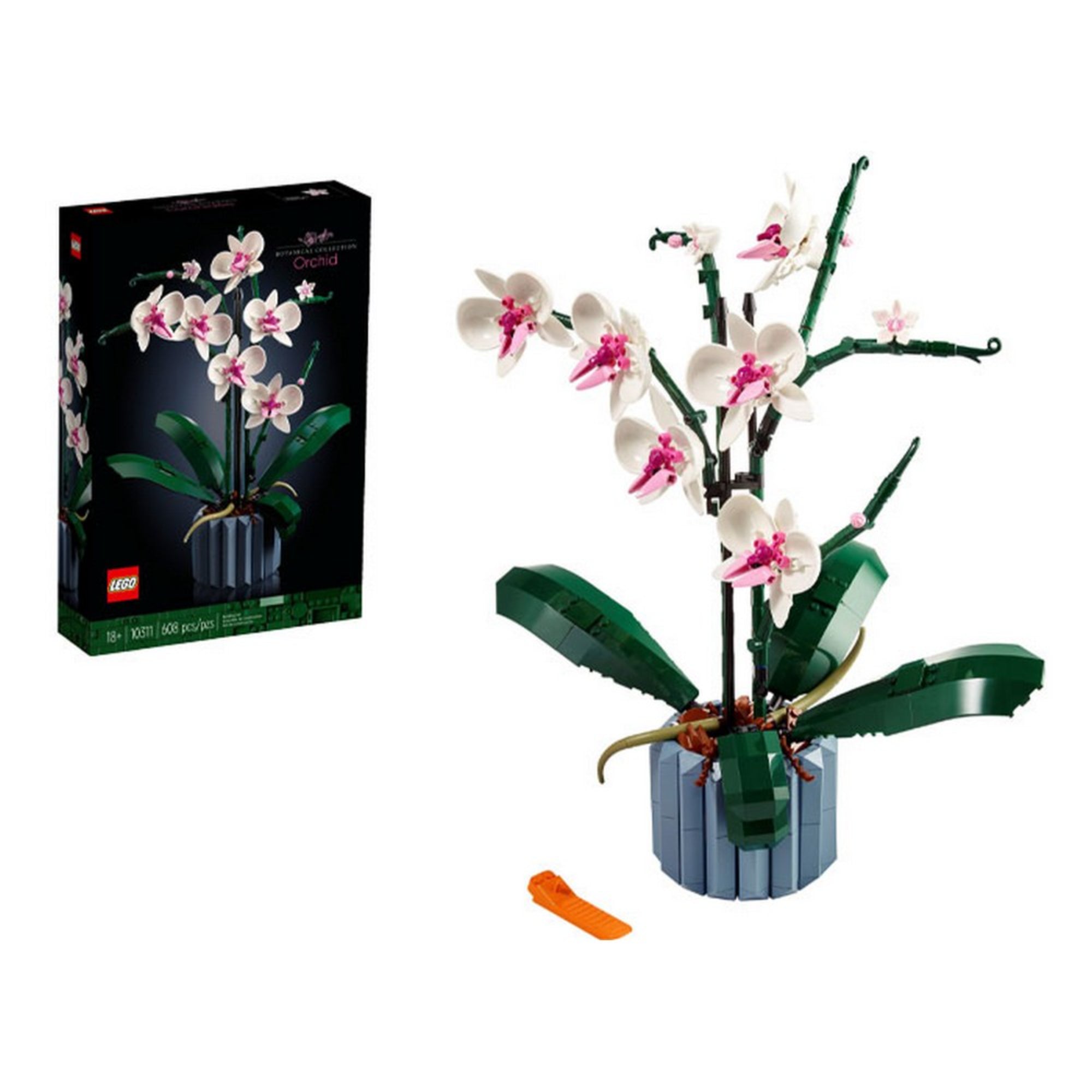 A LEGO Orchid (10311) készlet doboza és a teljesen megépített fehér-rózsaszín orchidea sötétszürke kaspóban, zöld levelekkel és narancssárga elemeltávolítóval.