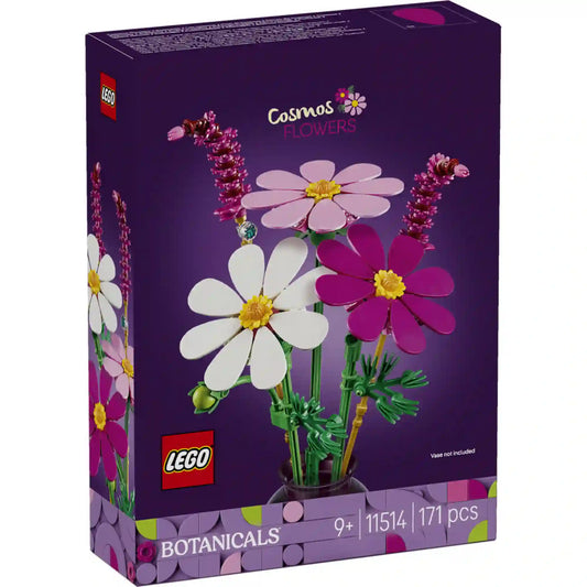 LEGO Botanicals Kozmoszvirágok (11514) elülső dobozképe, amely a részletgazdag, élénk színű kozmoszvirágokat mutatja dekoratív botanikai építőmodellként.