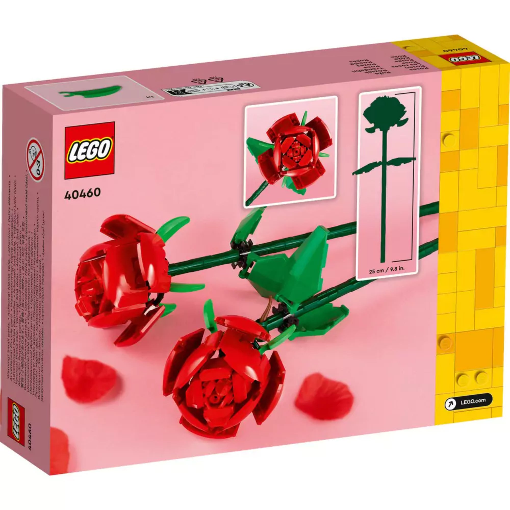 A LEGO Rózsák (40460) készlet doboza rózsaszín háttérrel, amelyen két piros rózsa és azok méretarányos ábrája látható, 25 cm-es hosszúsággal.
