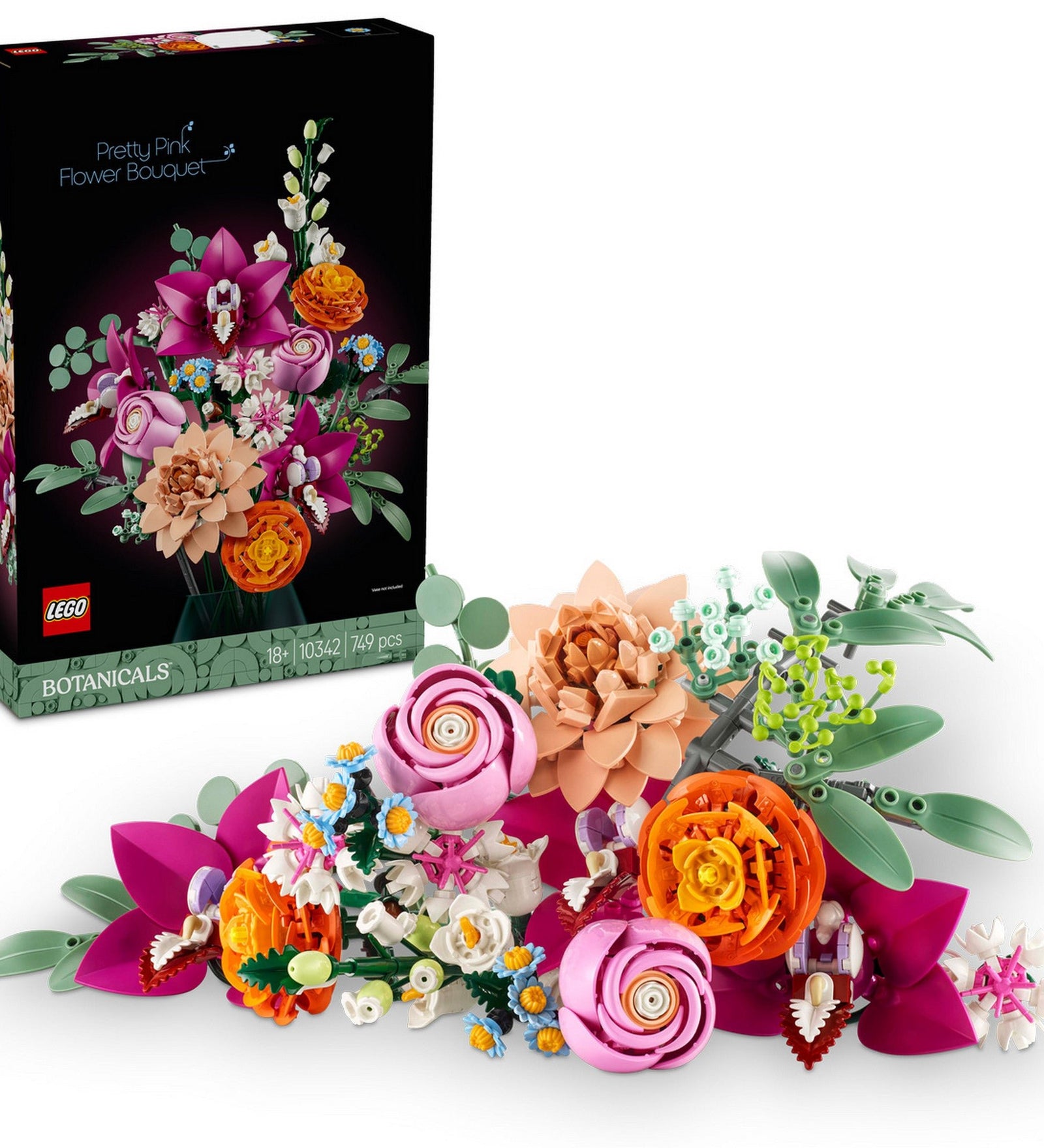 A LEGO Botanicals Rózsaszín virágcsokor (10342) doboza és a részletesen megépített virágcsokor, amelyben rózsaszín, narancssárga, fehér és barackszínű LEGO virágok és zöld levelek láthatók.