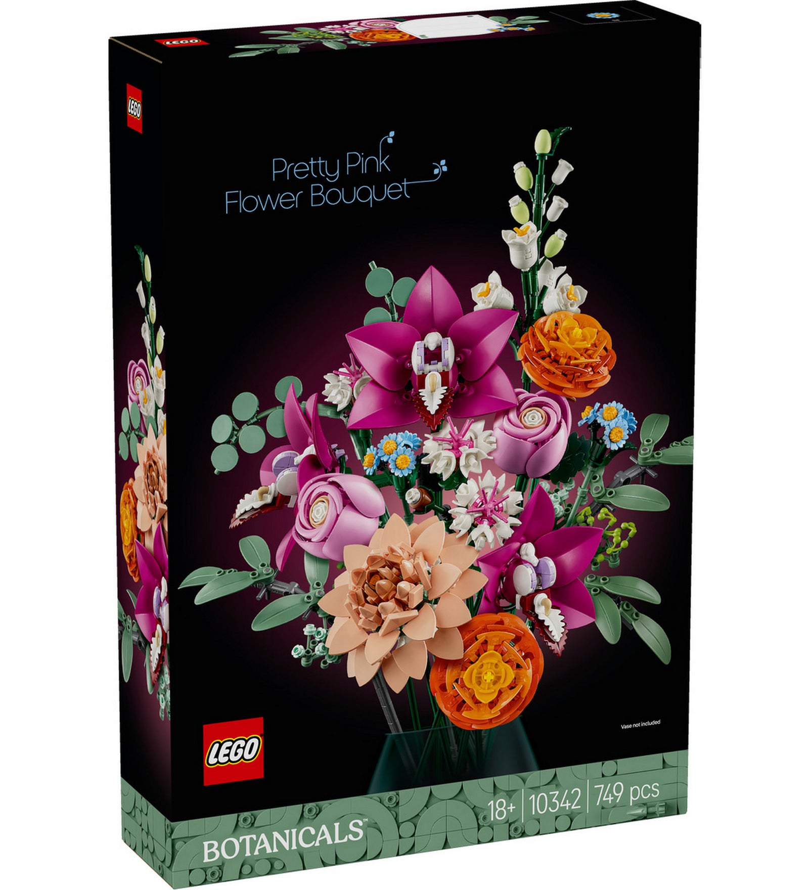 A LEGO Botanicals Rózsaszín virágcsokor (10342) készlet elegáns fekete doboza élénk, rózsaszín és narancssárga LEGO virágokkal díszítve, 749 darabból áll.